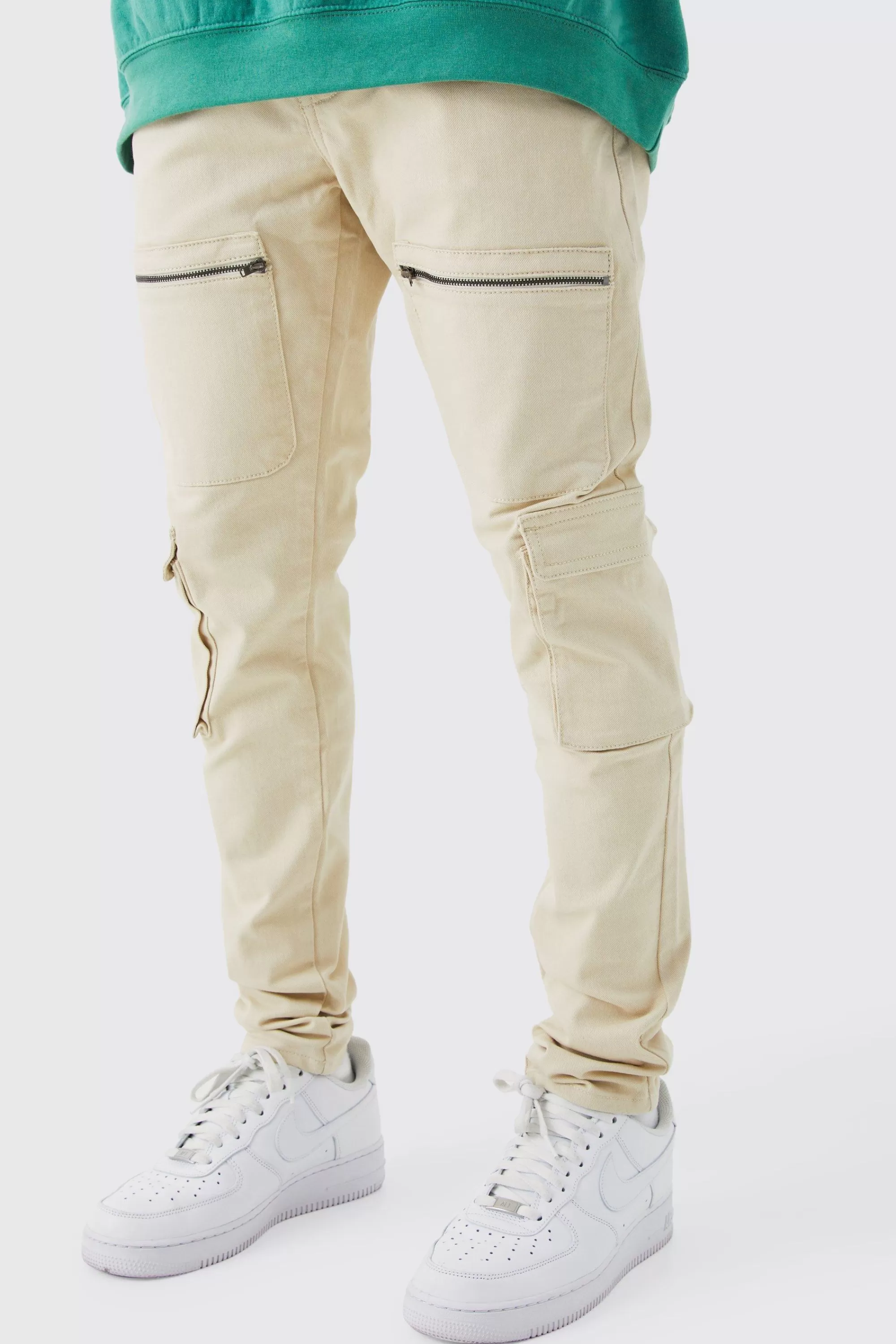 boohooMAN Fixed Waist Skinny Multi Zip Cargo Trouser | UK