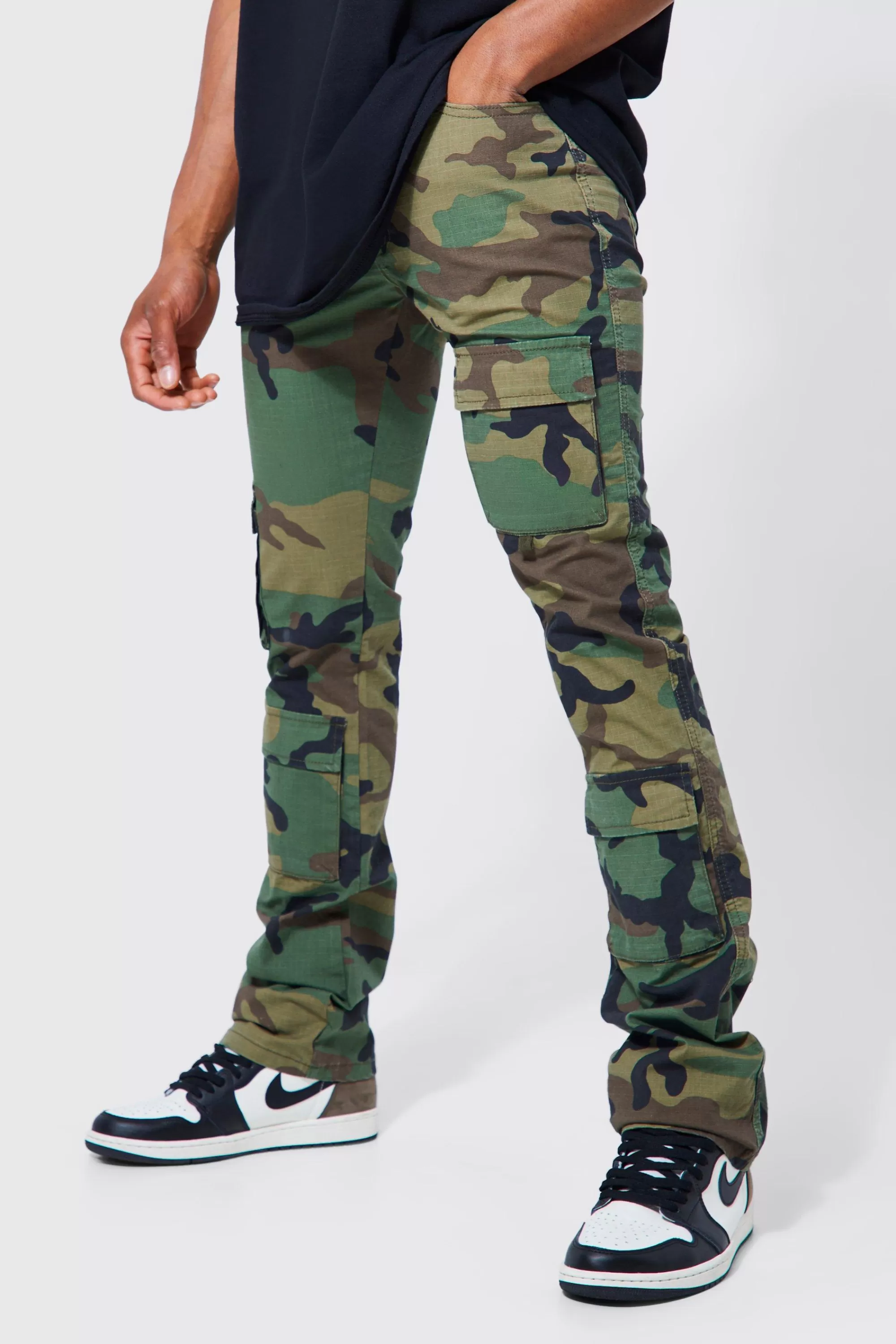 boohooMAN Fixed Waist Skinny Stacked Camo Cargo Trouser | UK