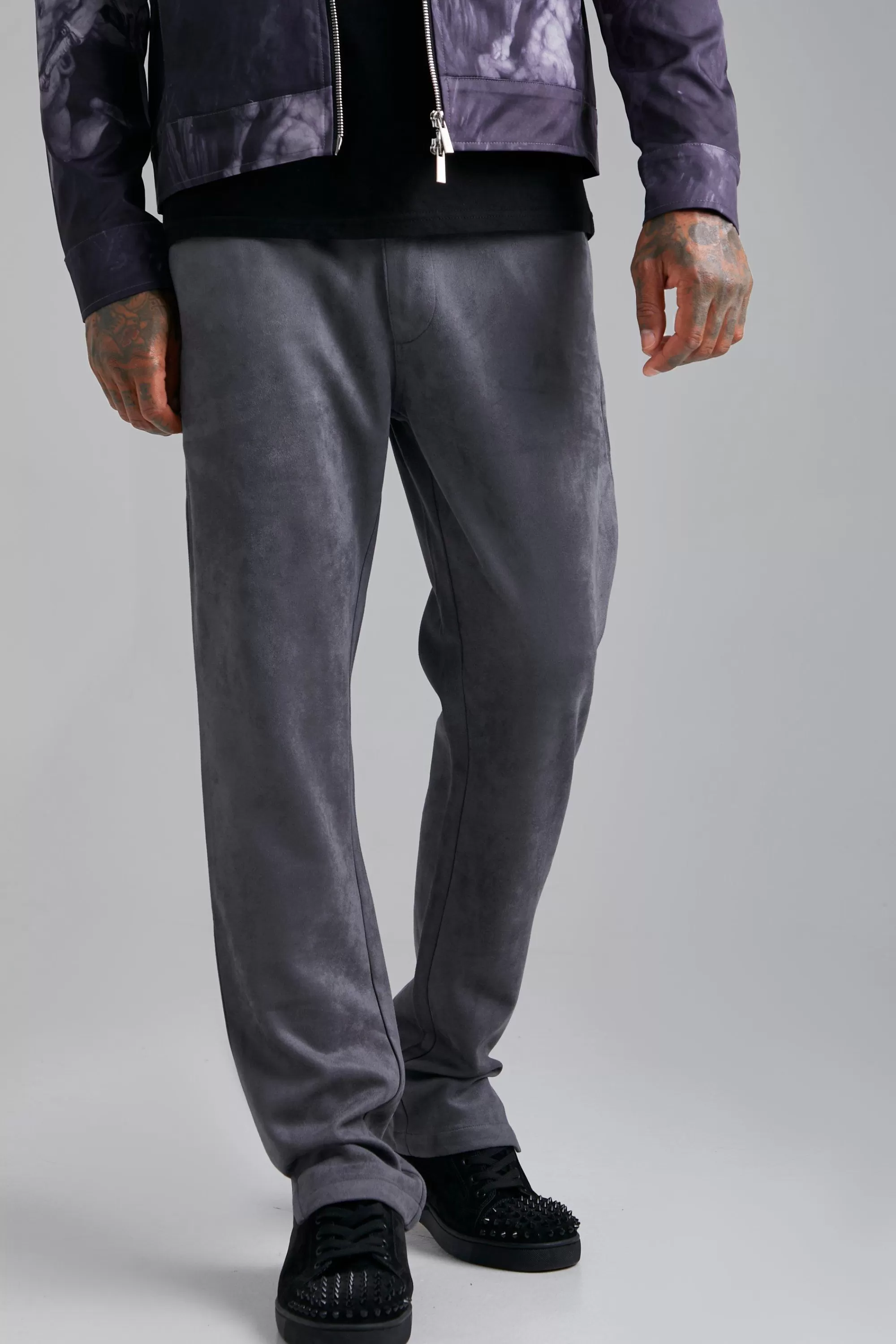 boohooMAN Fixed Waist Slim Faux Suede Split Hem Trouser | UK