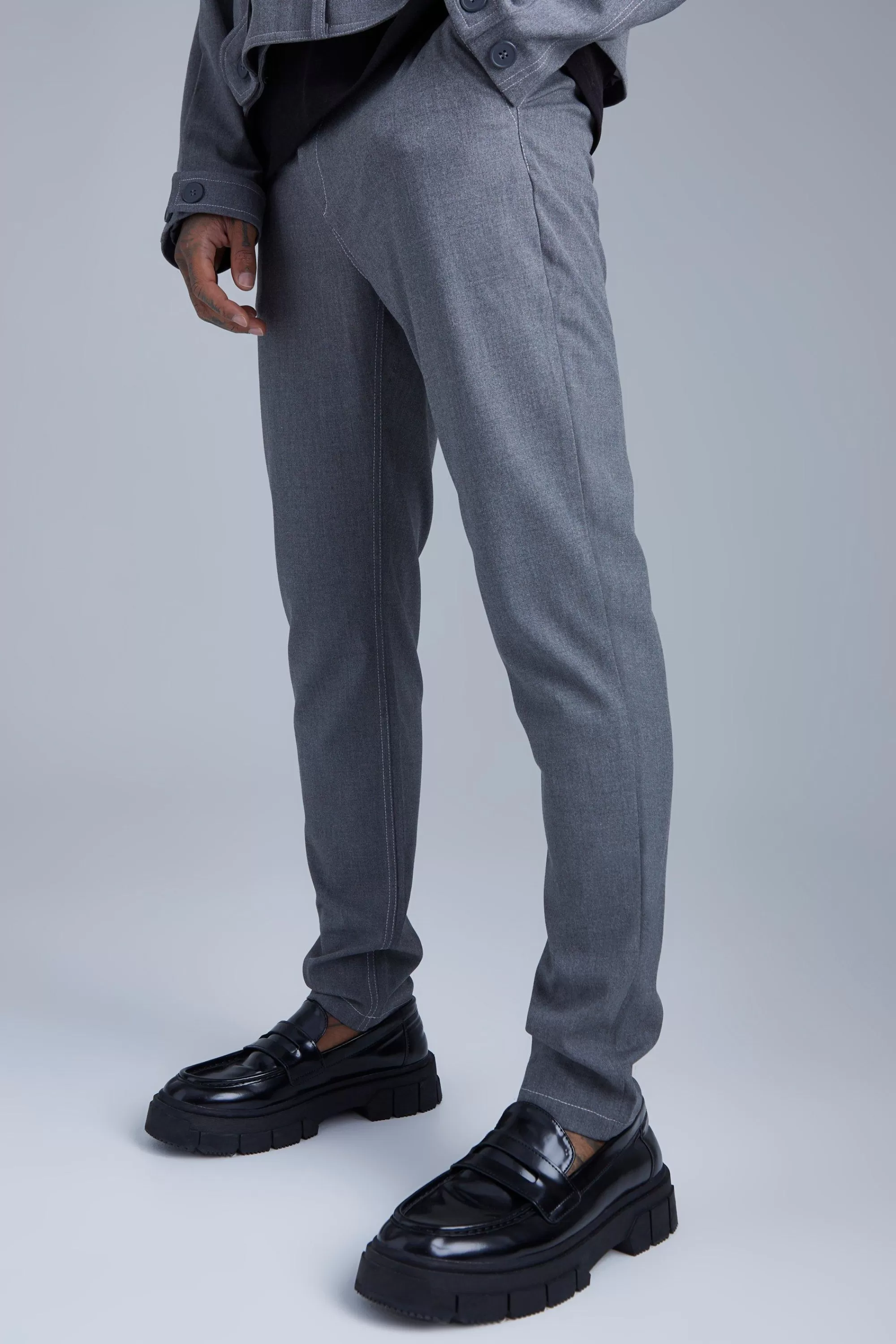 boohooMAN Fixed Waist Slim Fit Topstitch Trouser | UK