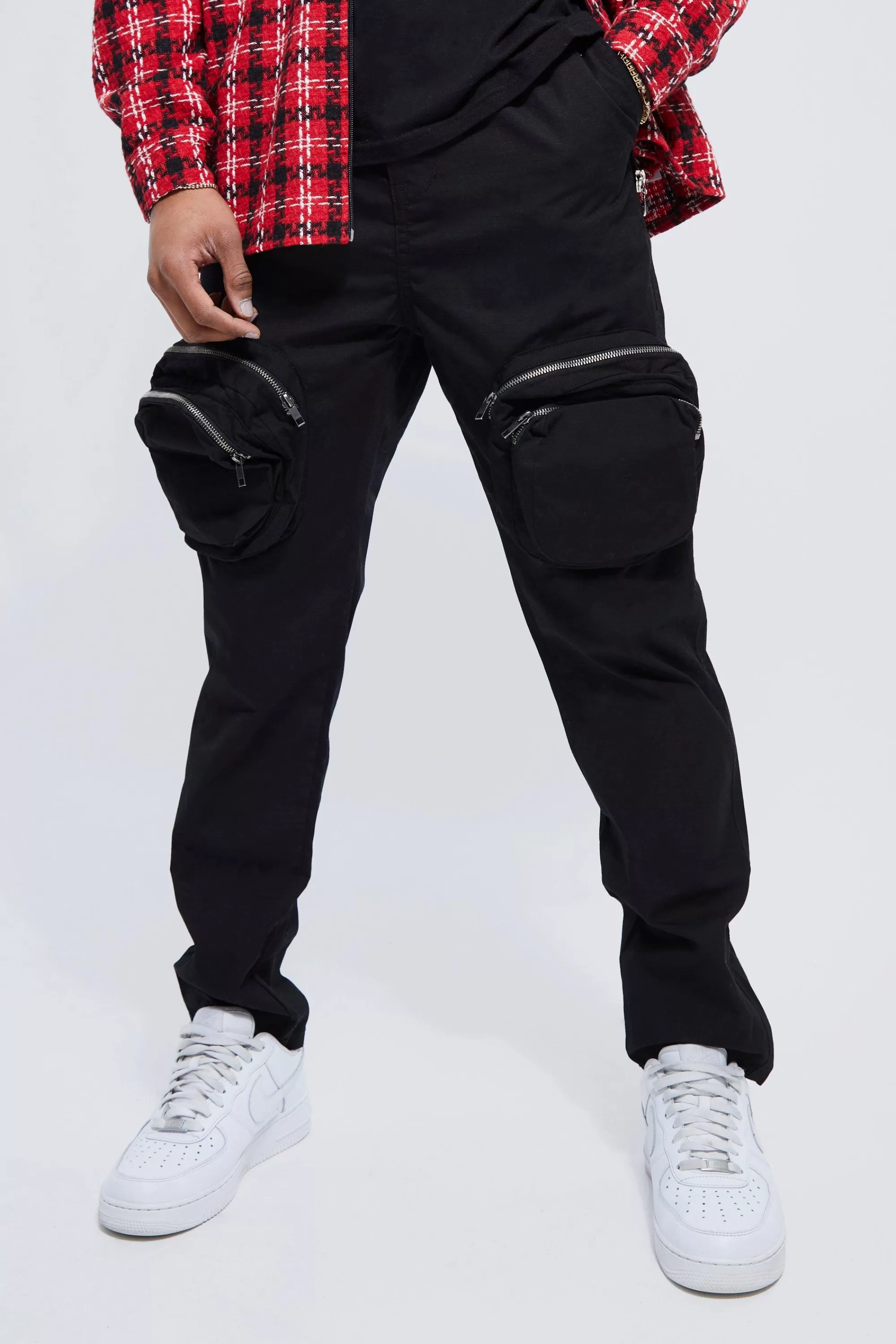 boohooMAN Fixed Waist Slim Fit Zip Detail Cargo Trousers | UK