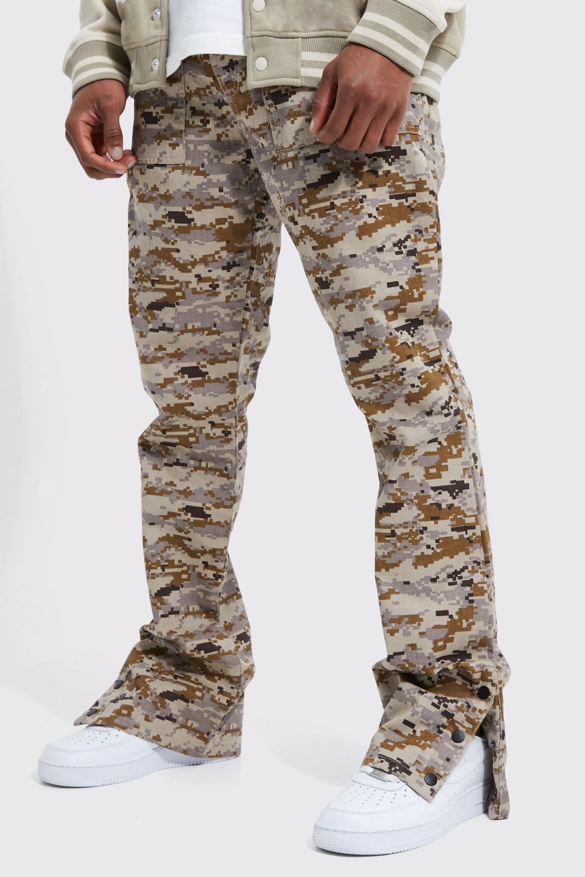 boohooMAN Fixed Waist Slim Flare Cargo Camo Trouser | UK