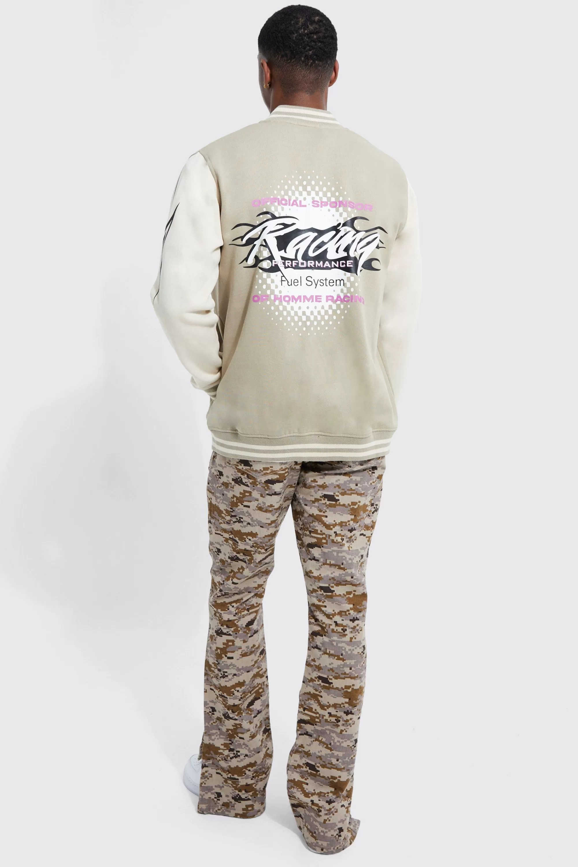 boohooMAN Fixed Waist Slim Flare Cargo Camo Trouser | UK
