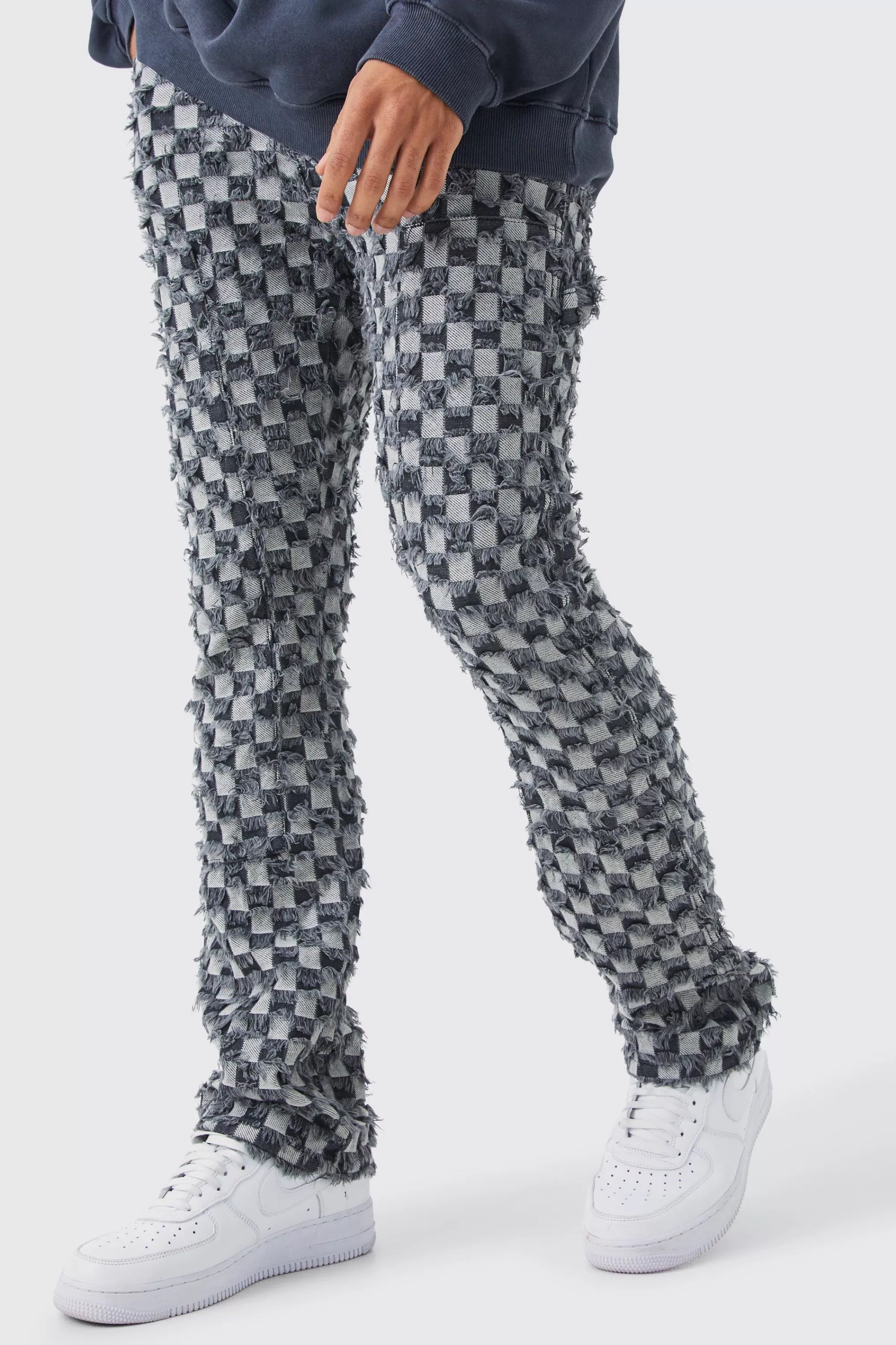 boohooMAN Fixed Waist Slim Flare Checked Tapestry Gusset Trouser | UK