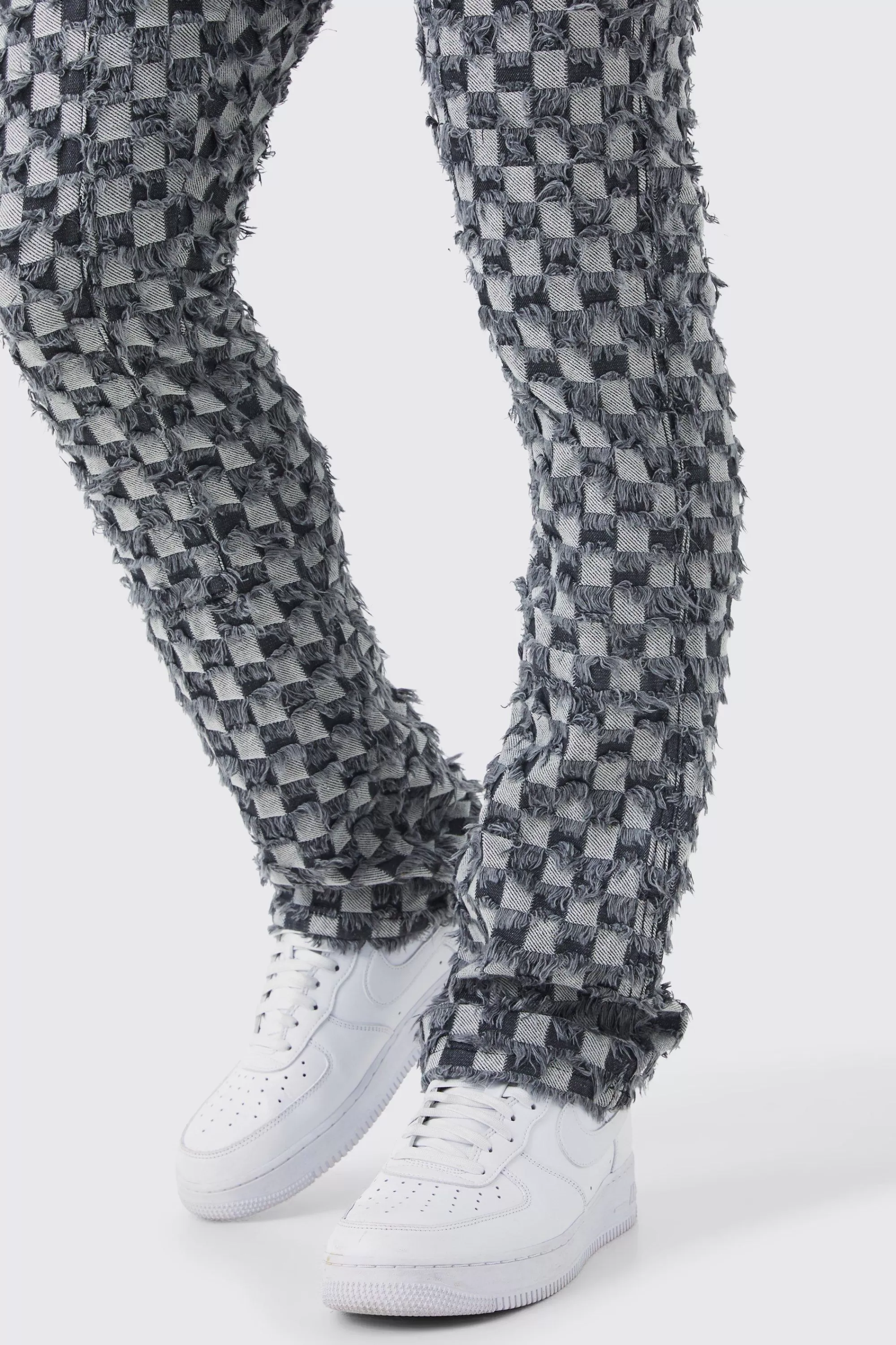 boohooMAN Fixed Waist Slim Flare Checked Tapestry Gusset Trouser | UK