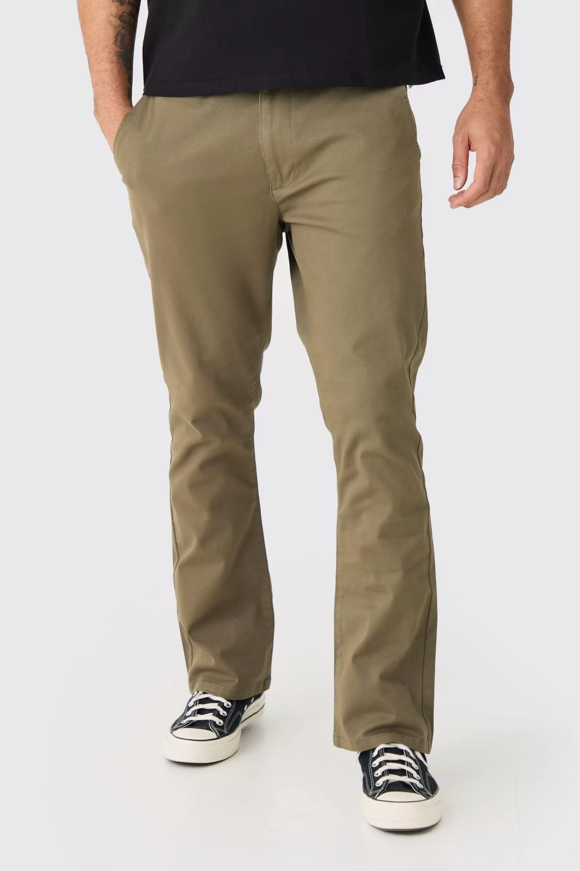 boohooMAN Fixed Waist Slim Flare Chino Trouser | UK