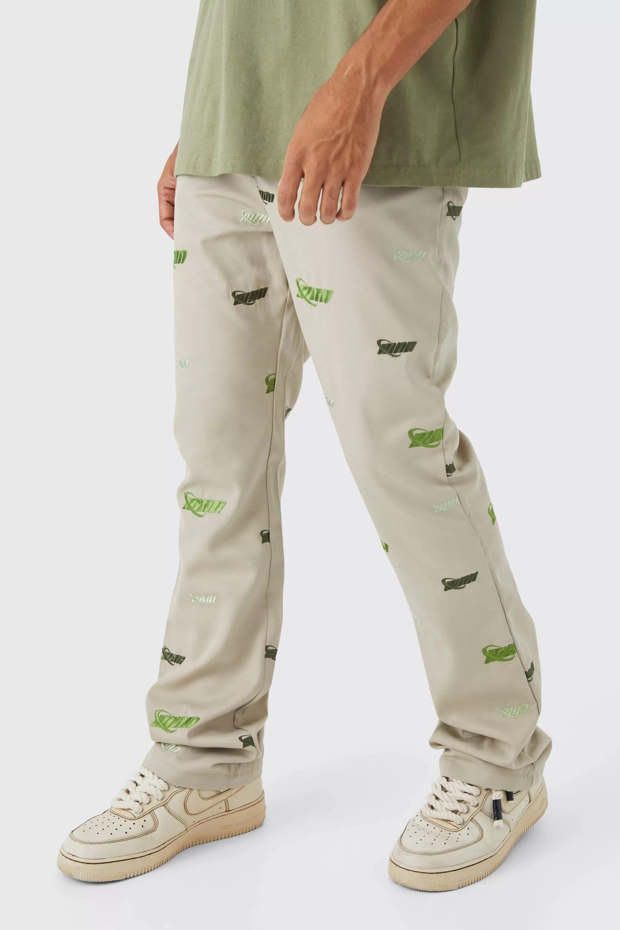 boohooMAN Fixed Waist Slim Flare Embroidered Trouser | UK