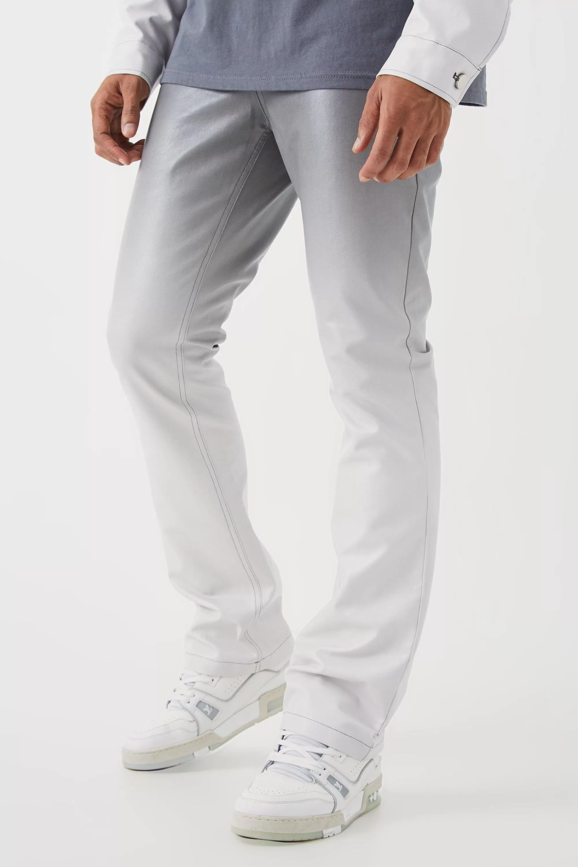 boohooMAN Fixed Waist Slim Flare Ombre Pu Trousers | UK