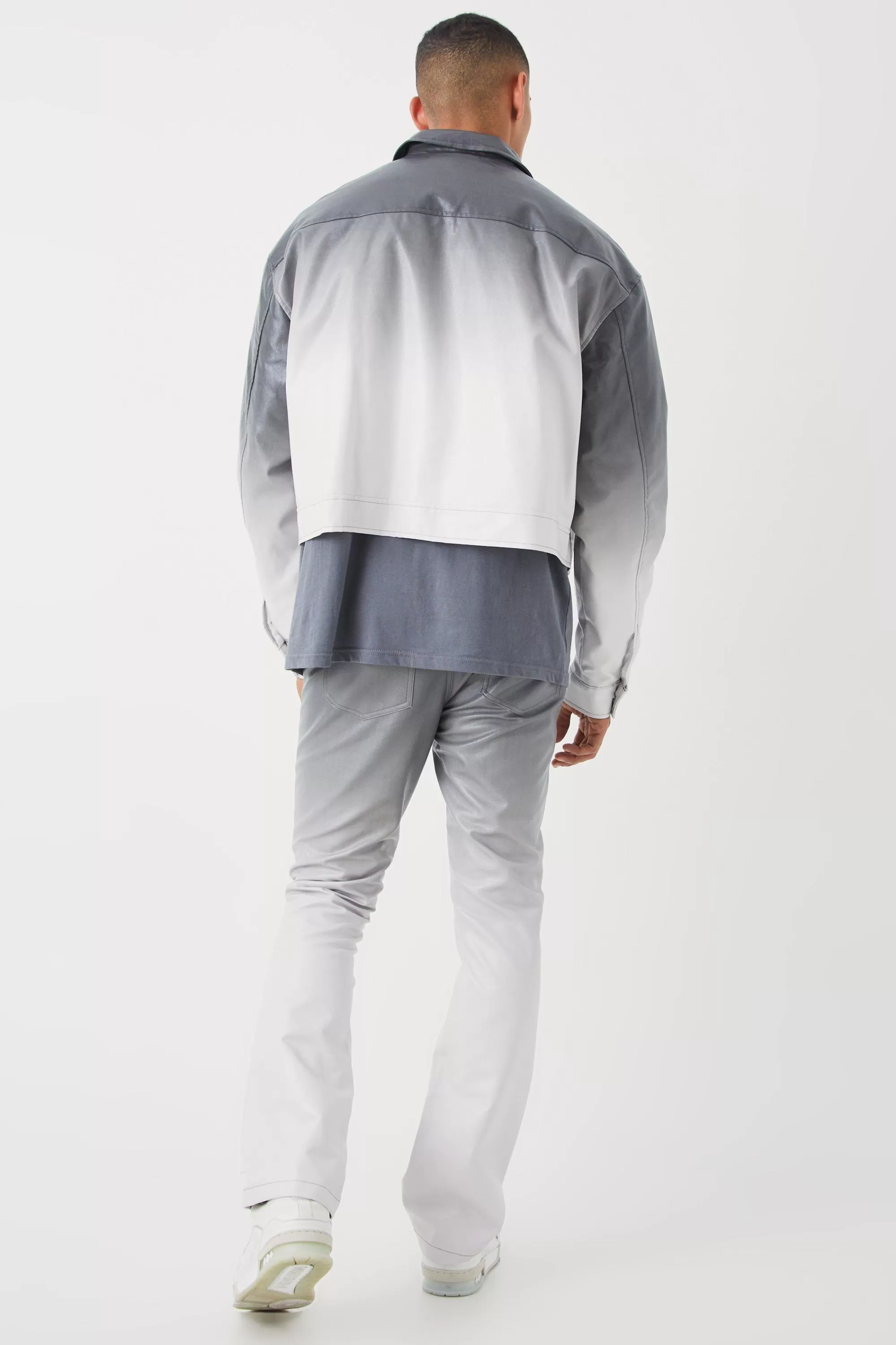 boohooMAN Fixed Waist Slim Flare Ombre Pu Trousers | UK