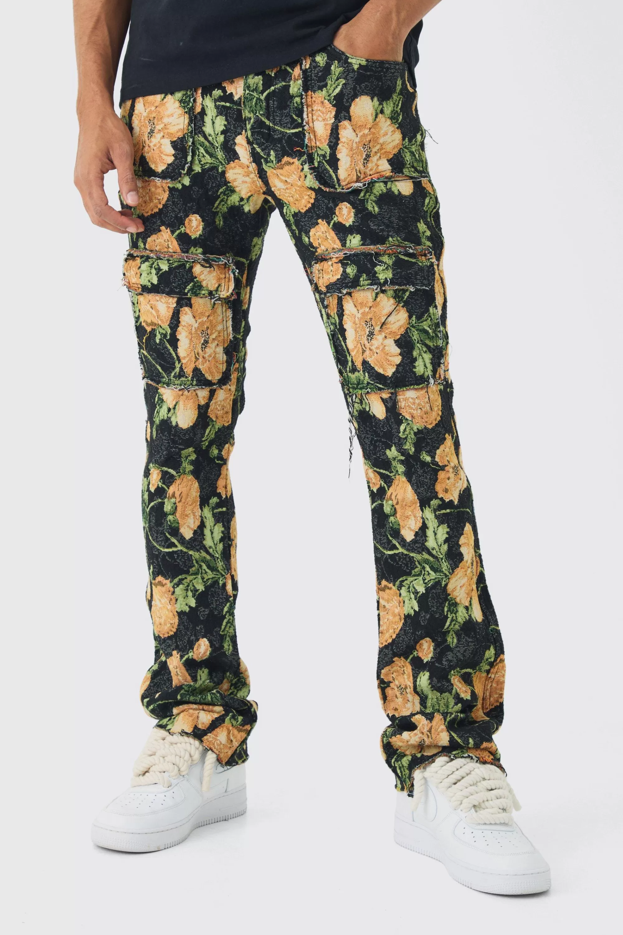 boohooMAN Fixed Waist Slim Flare Stacked Floral Tapestry Cargo Trouser | UK