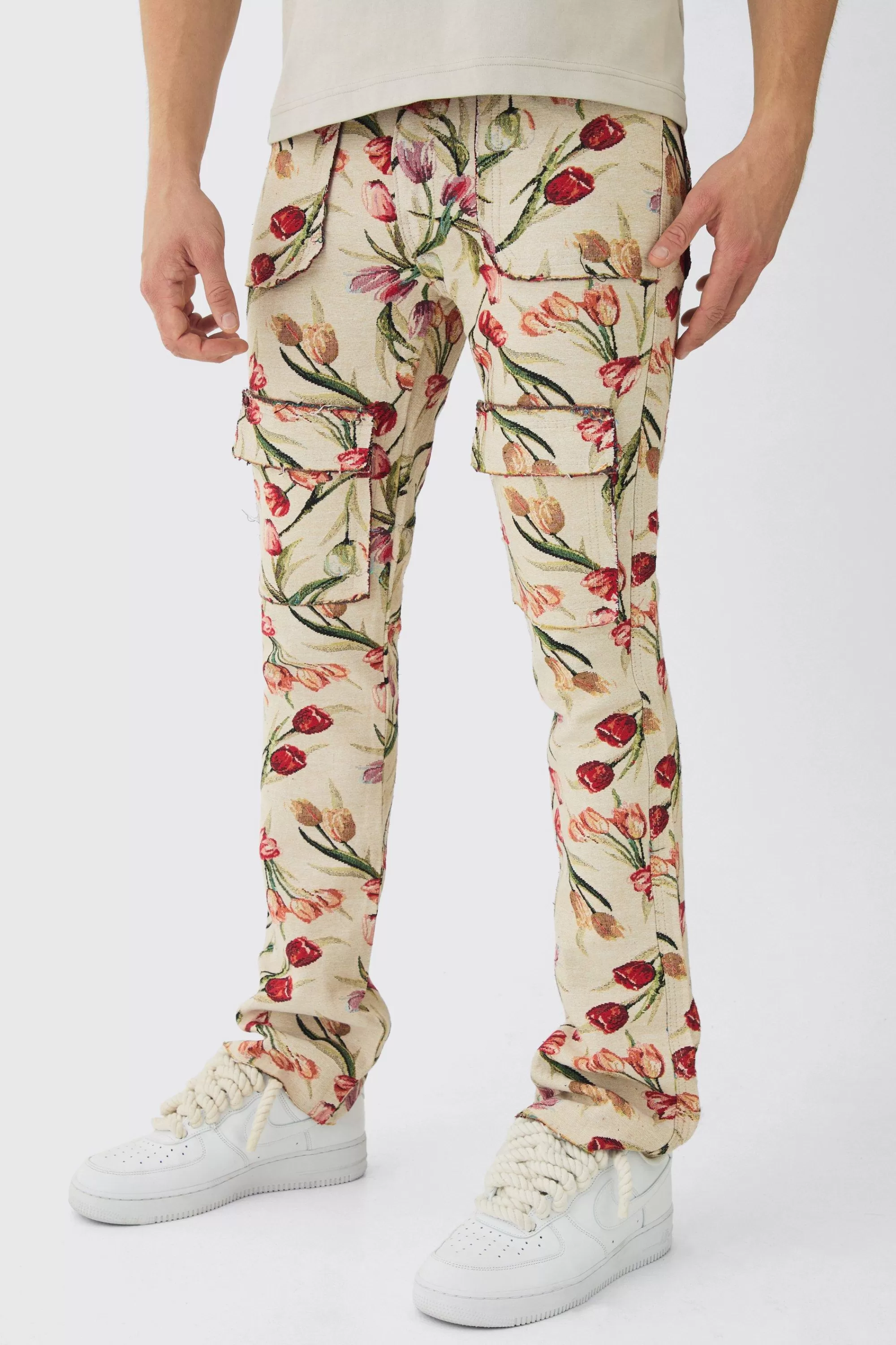 boohooMAN Fixed Waist Slim Flare Stacked Floral Tapestry Cargo Trouser | UK