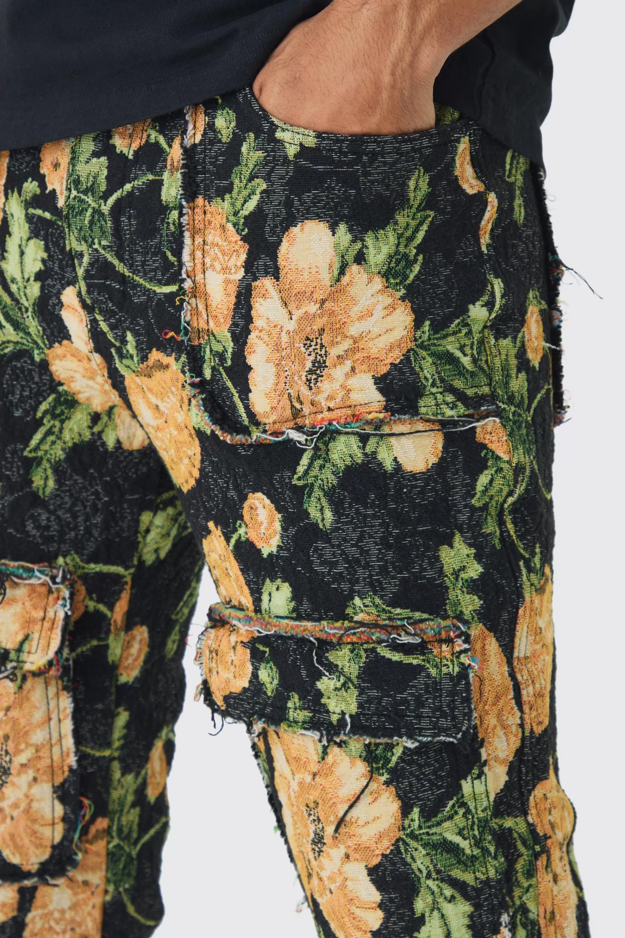 boohooMAN Fixed Waist Slim Flare Stacked Floral Tapestry Cargo Trouser | UK
