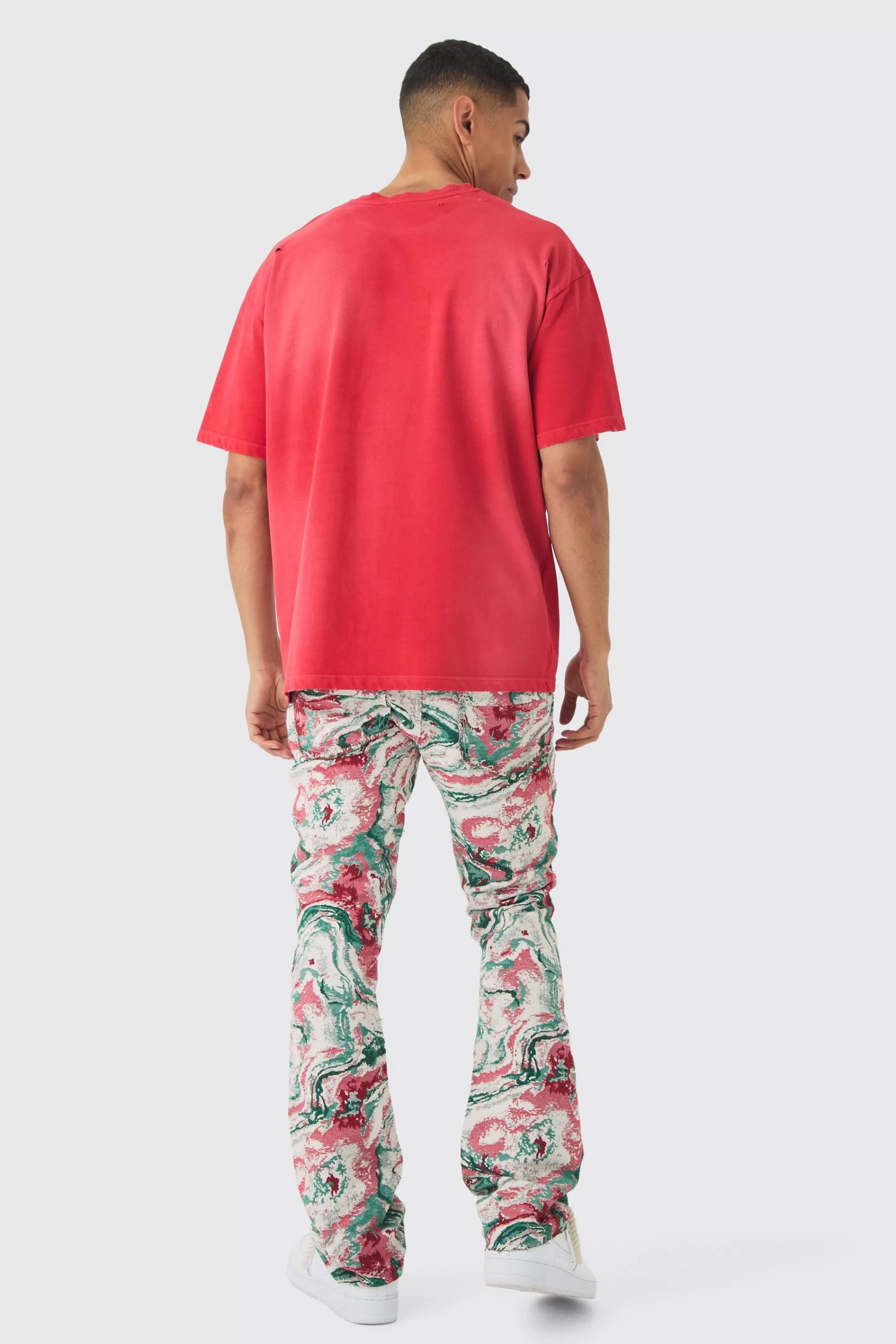 boohooMAN Fixed Waist Slim Flare Stacked Tapestry Cargo Trouser | UK