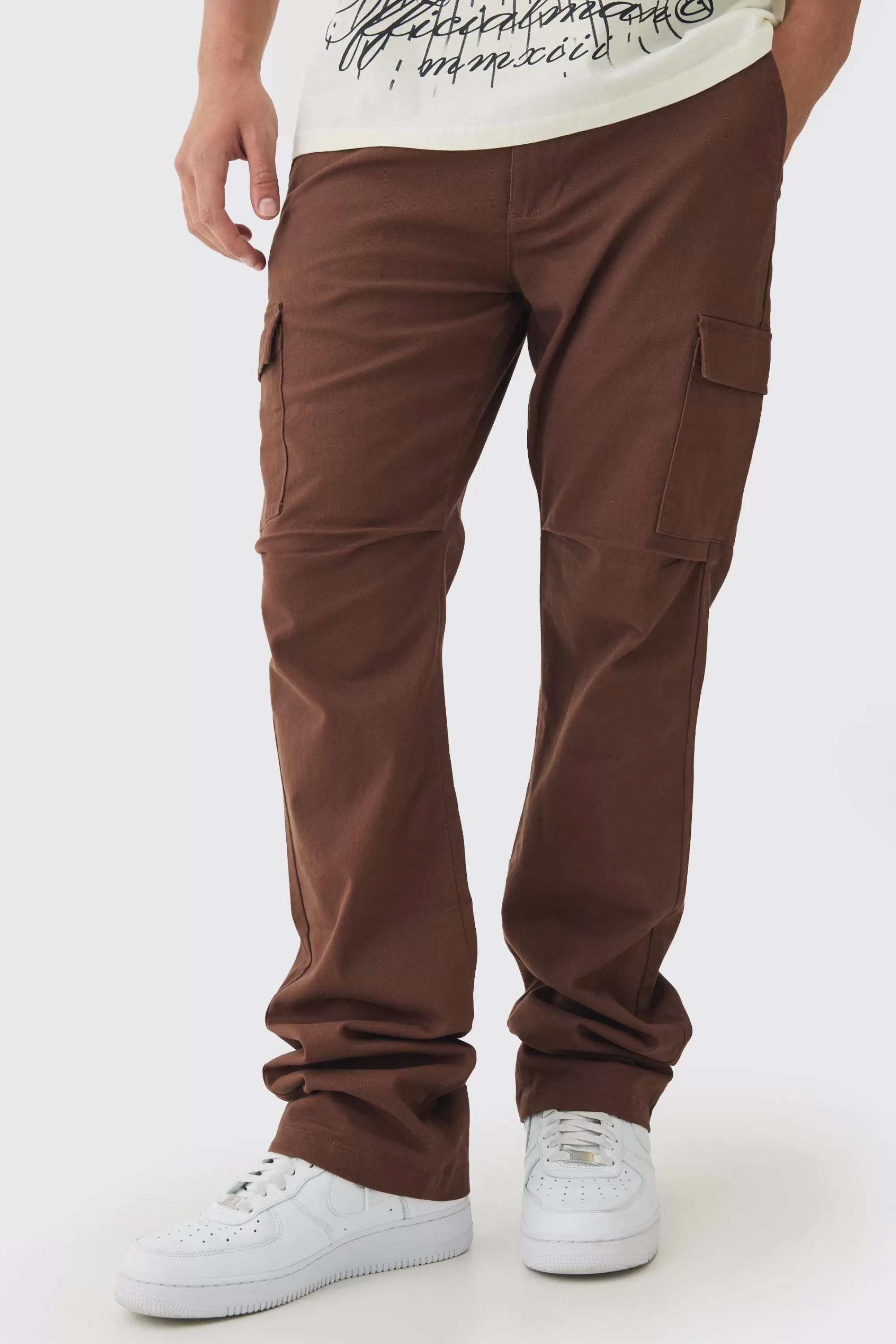 boohooMAN Fixed Waist Slim Flare Stacked Twill Cargo Trousers | UK