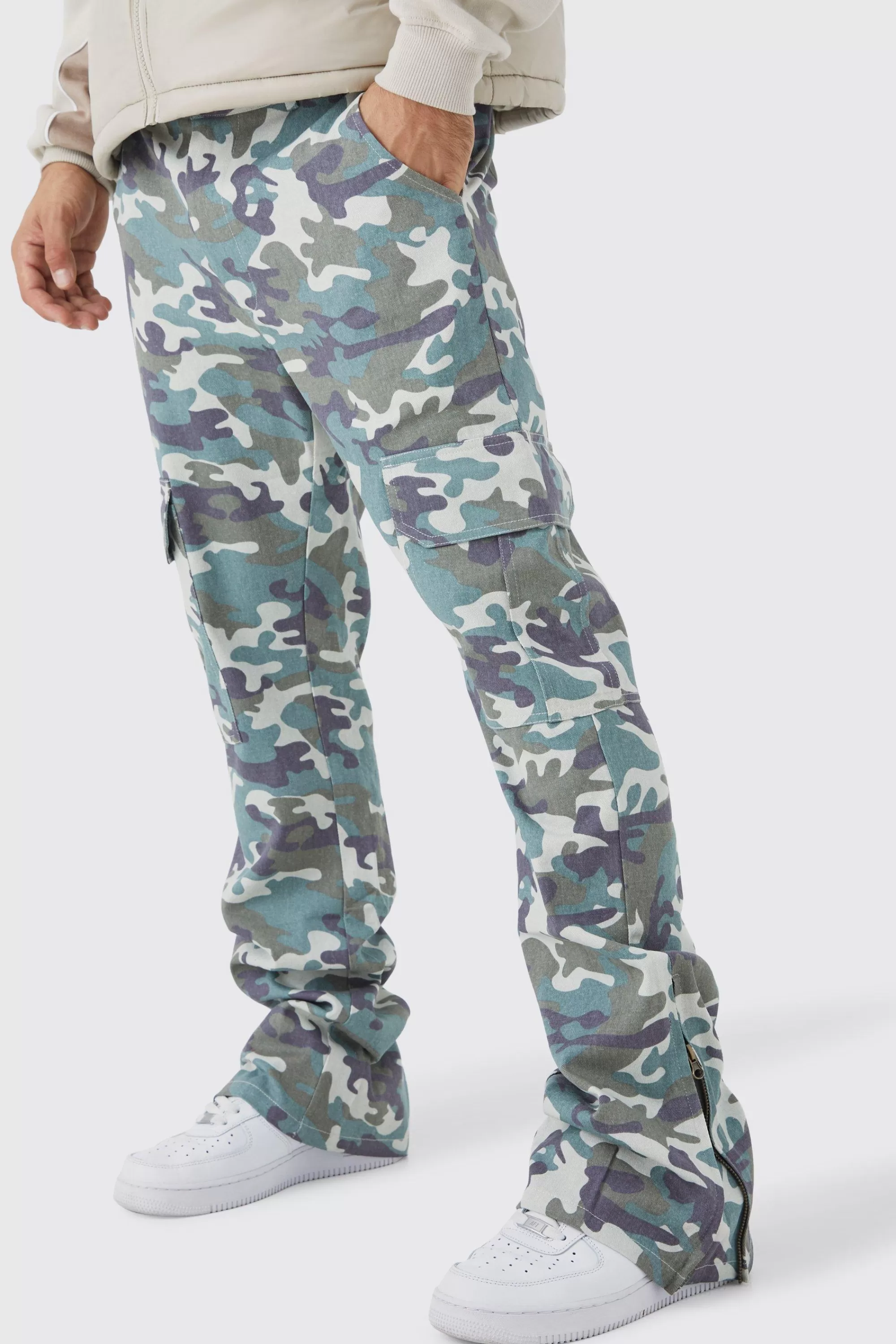 boohooMAN Fixed Waist Slim Flare Washed Camo Gusset Trouser | UK