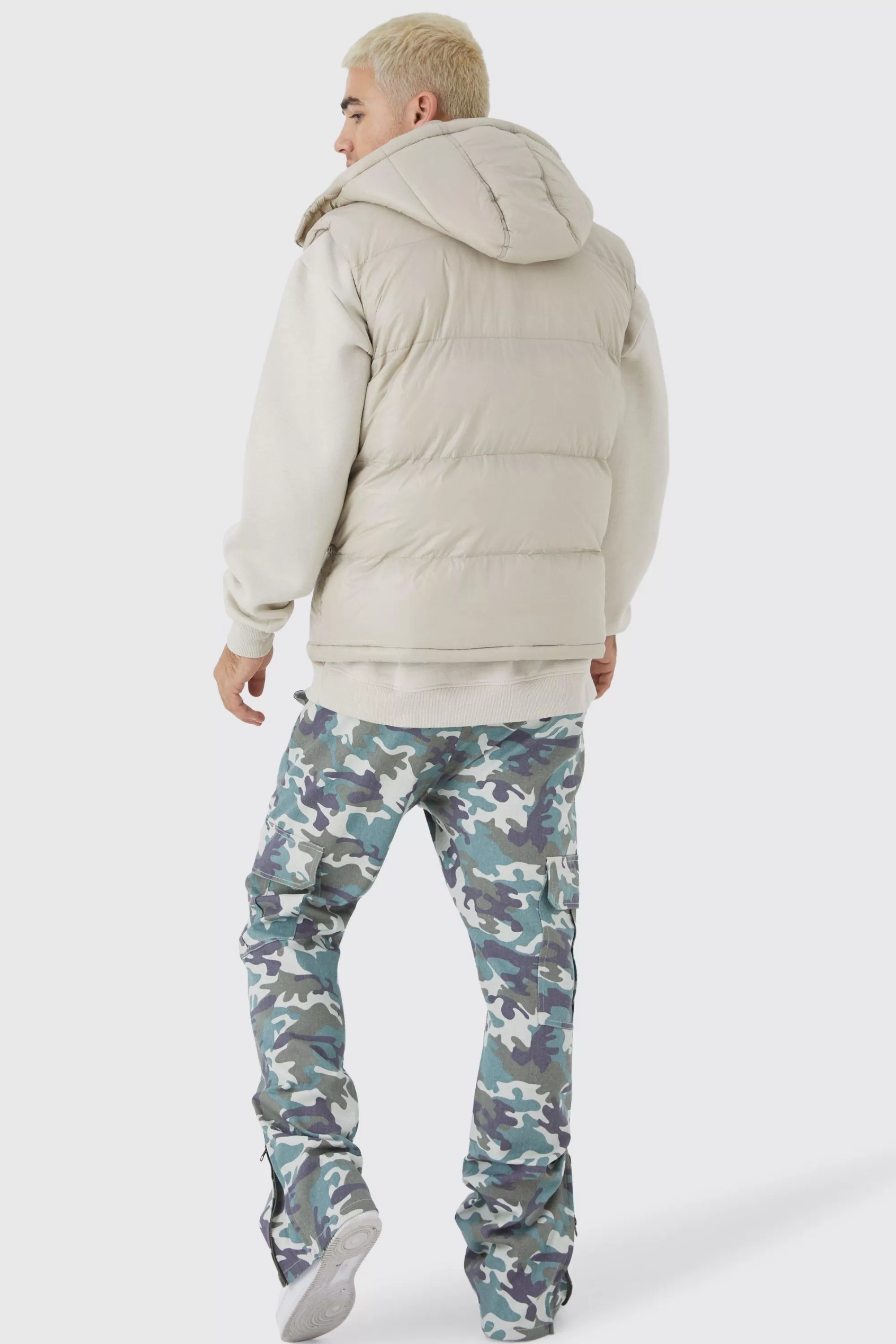 boohooMAN Fixed Waist Slim Flare Washed Camo Gusset Trouser | UK