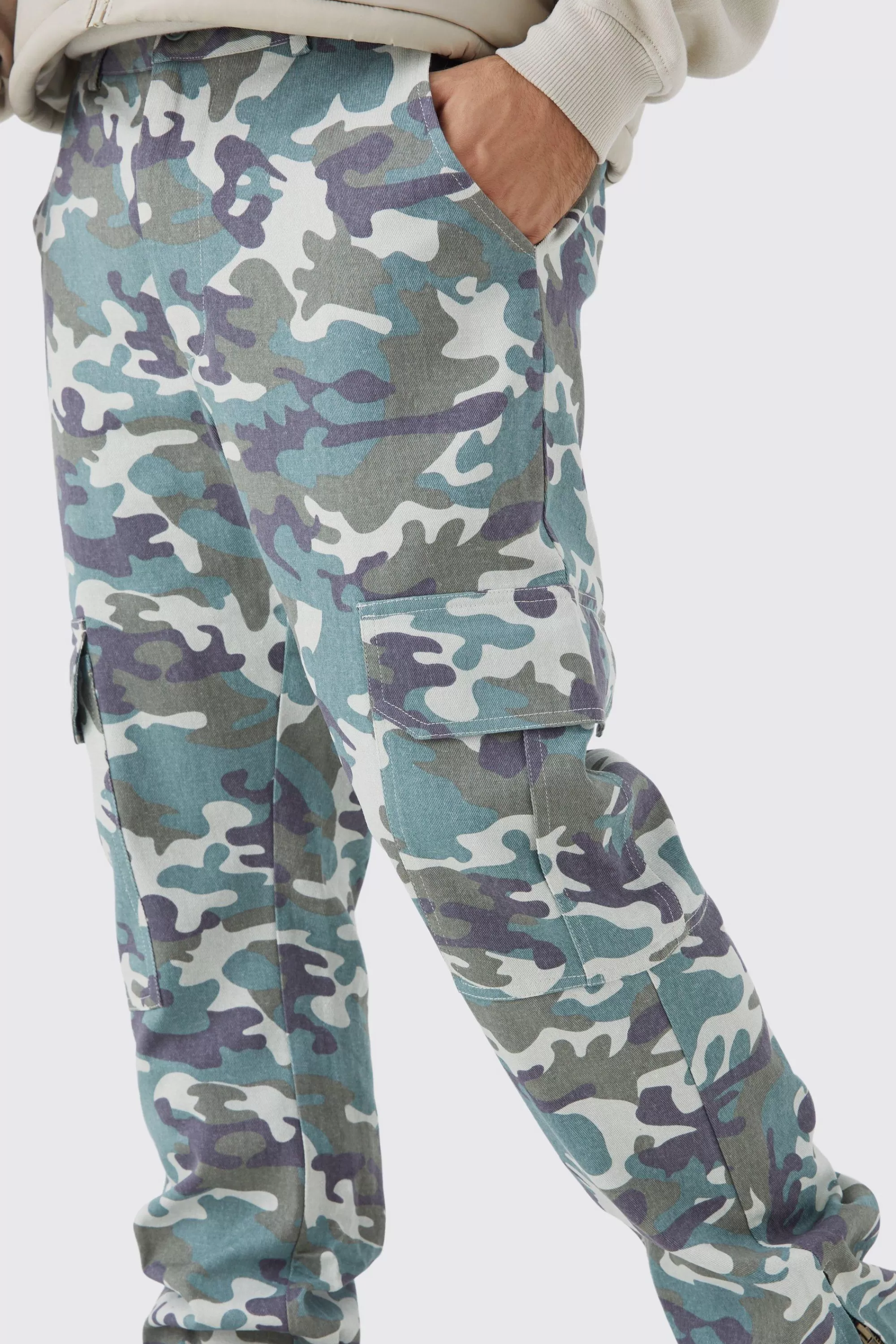 boohooMAN Fixed Waist Slim Flare Washed Camo Gusset Trouser | UK