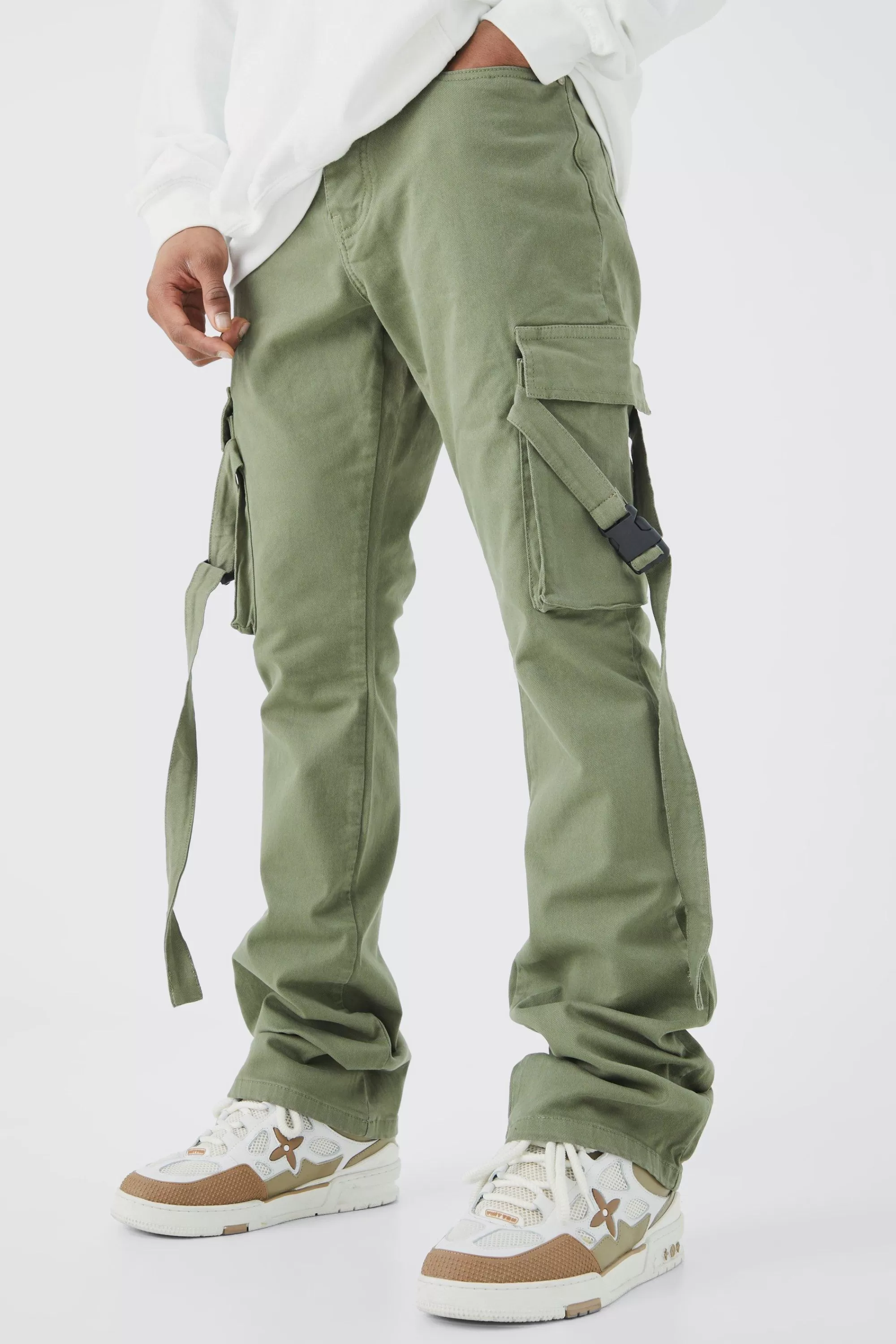 boohooMAN Fixed Waist Slim Stacked Flare Strap Cargo Trouser | UK