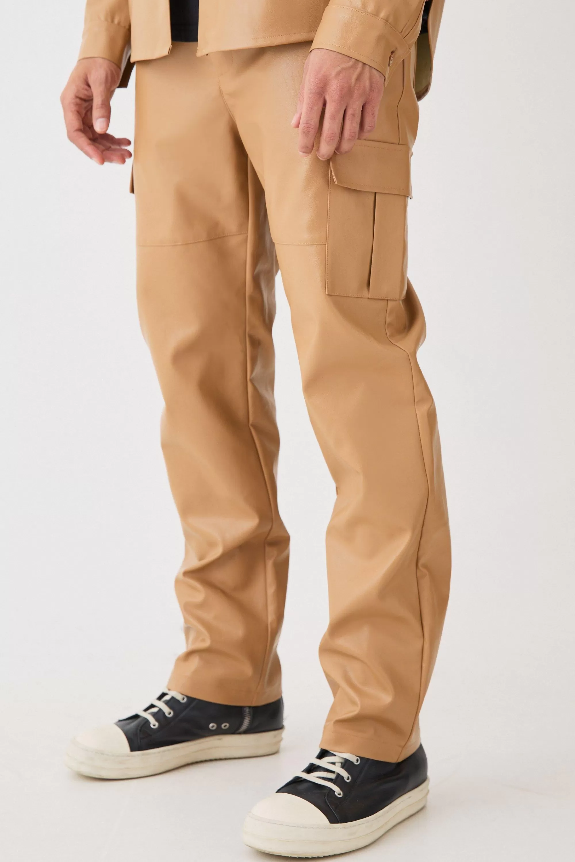 boohooMAN Fixed Waist Straight Leg Pu Utility Trouser | UK