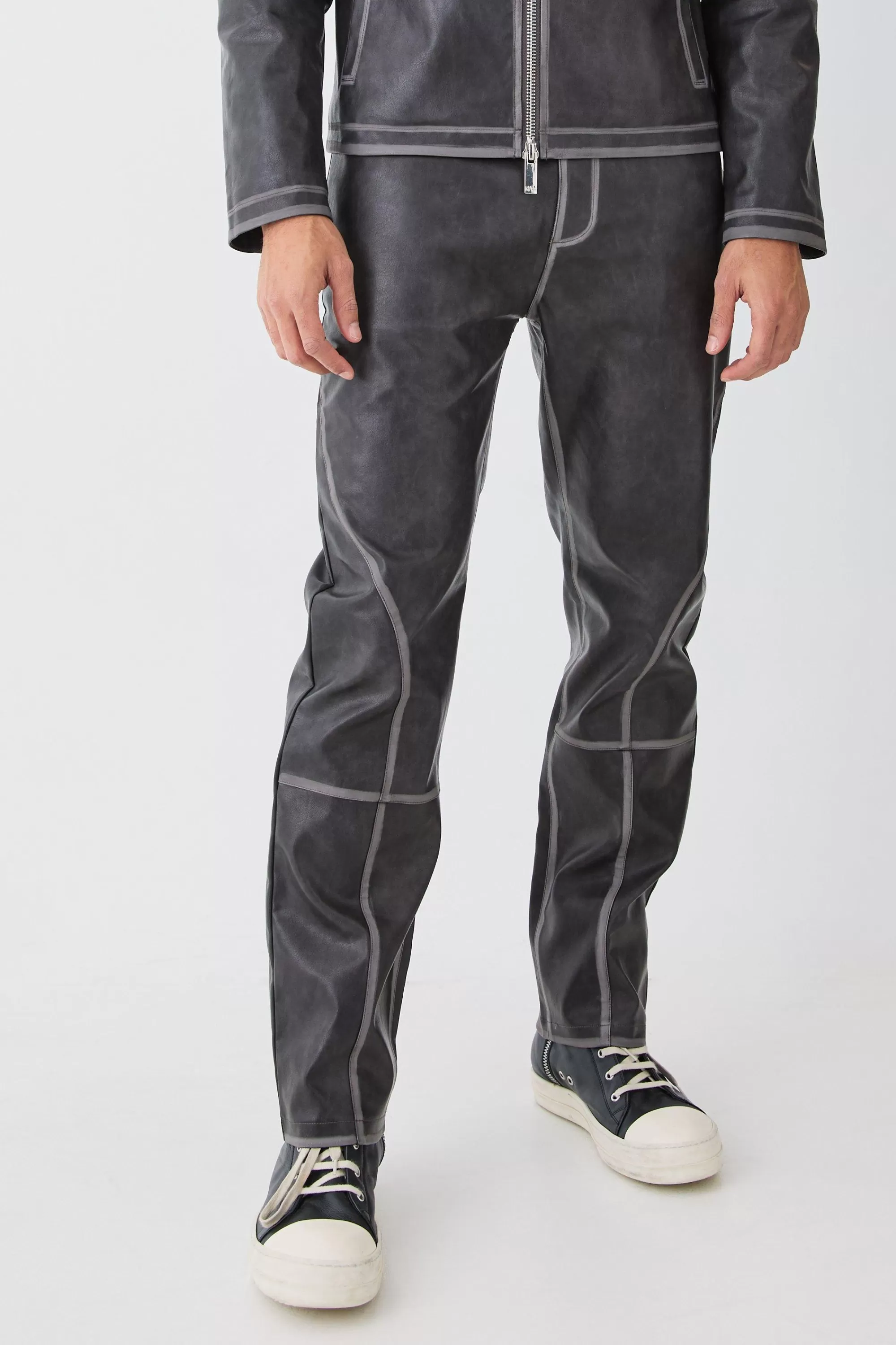 boohooMAN Fixed Waist Straight Leg Washed Pu Trousers | UK