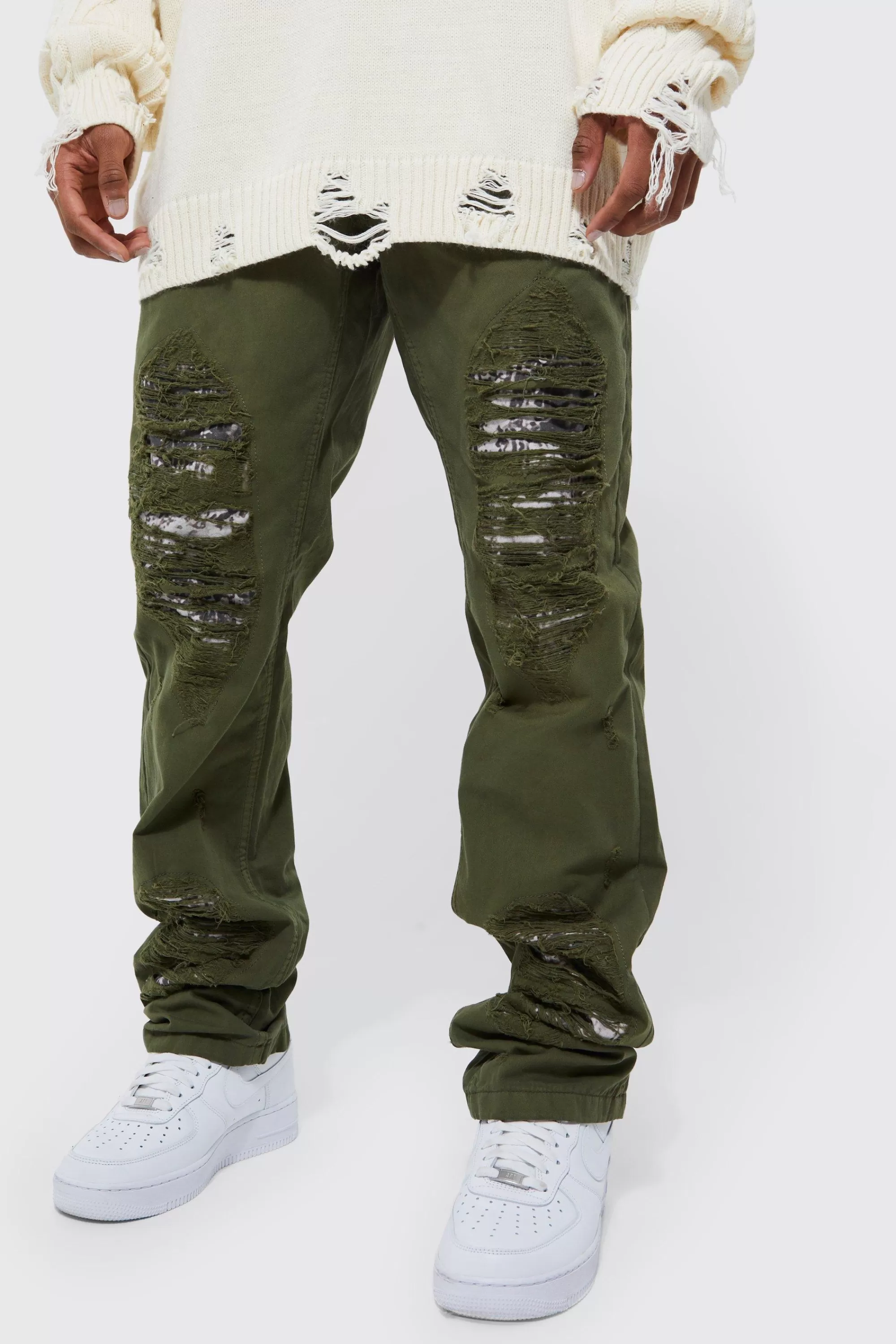 boohooMAN Fixed Waist Straight Stacked Camo Rip Cargo Trousers | UK
