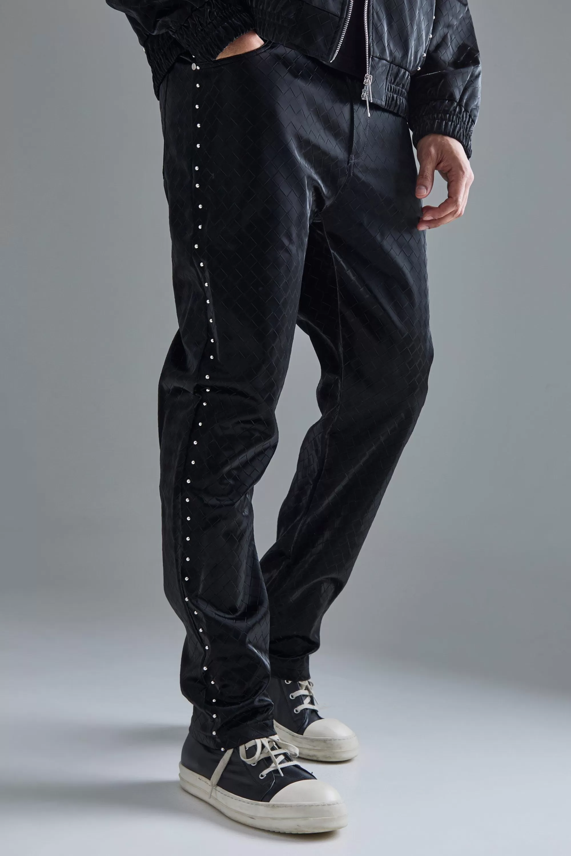 boohooMAN Fixed Waist Straight Weave Pu Trousers | UK