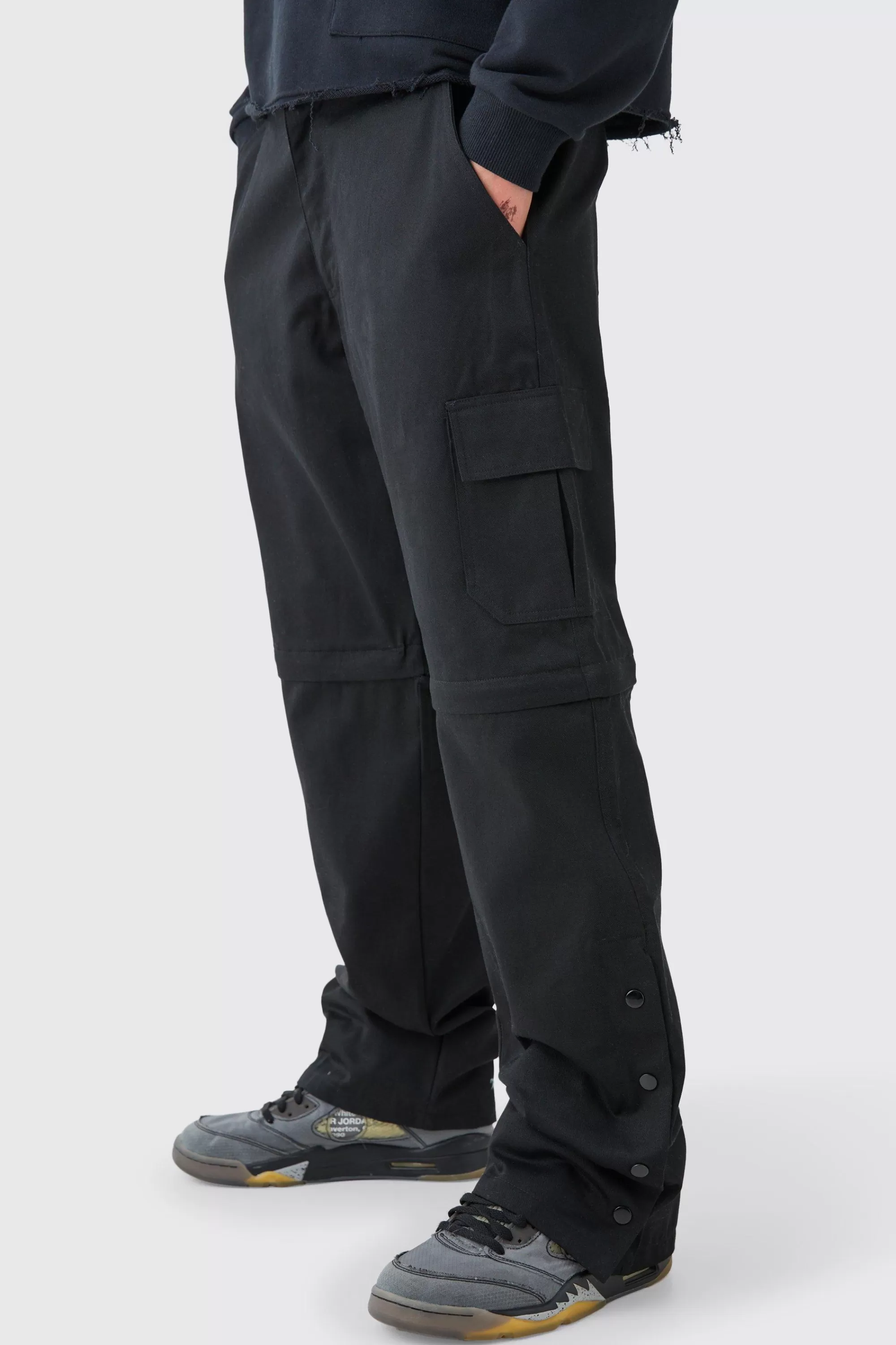 boohooMAN Fixed Waist Twill Popper Hem Zip Off Relaxed Cargo Trousers | UK