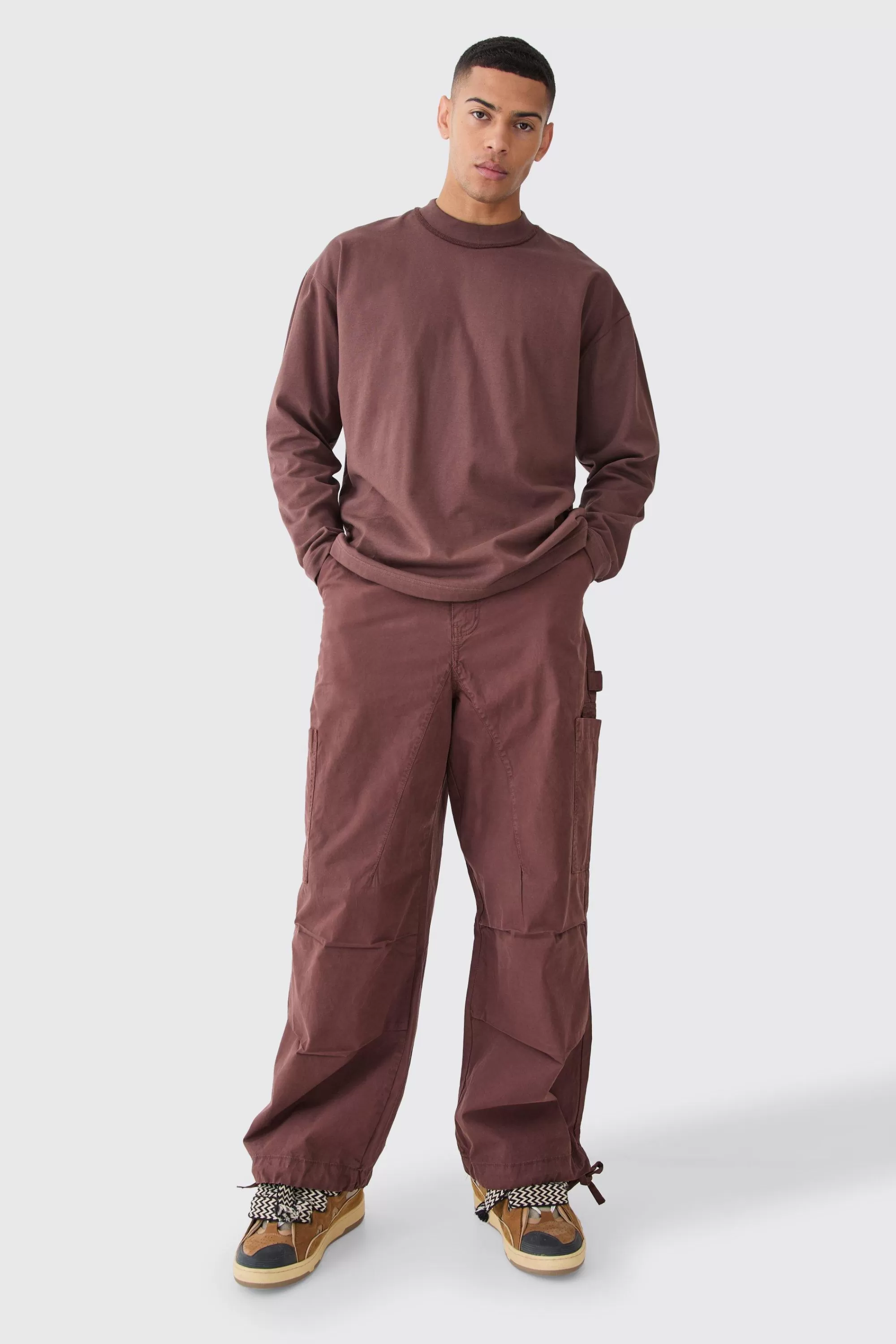 boohooMAN Fixed Waist Washed Parachute Trousers | UK