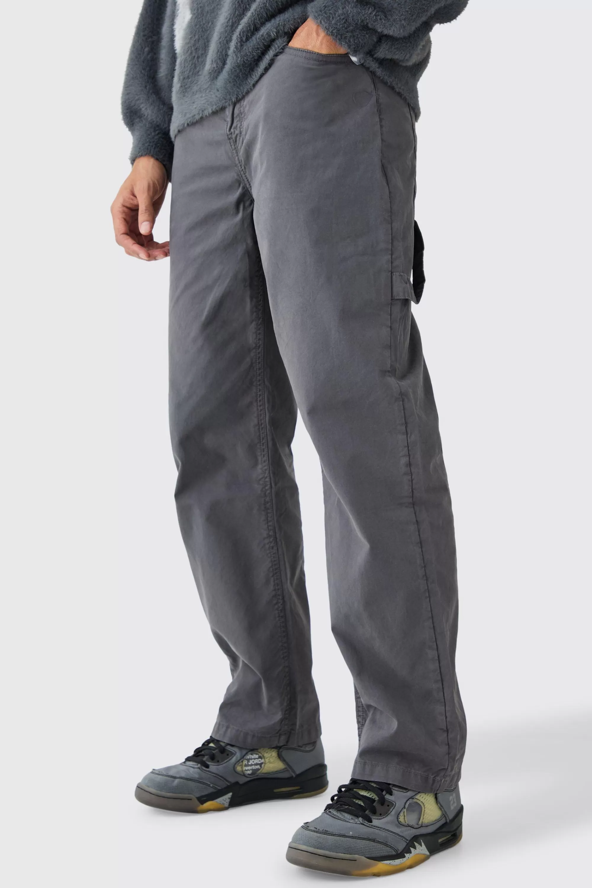 boohooMAN Fixed Waist Washed Relaxed Fit Carpenter Trouser | UK