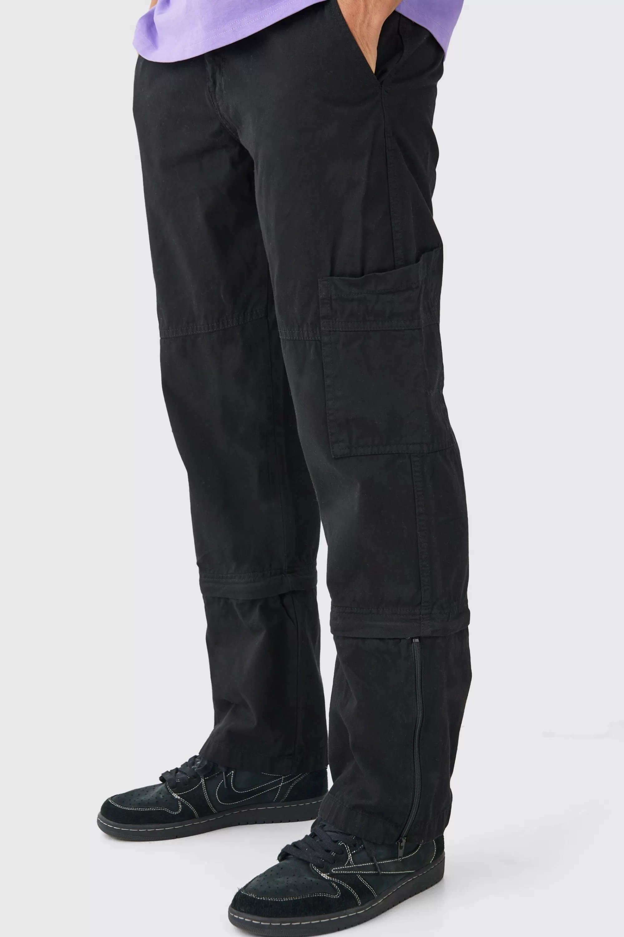 boohooMAN Fixed Waist Zip Off Split Hem Relaxed Trouser | UK