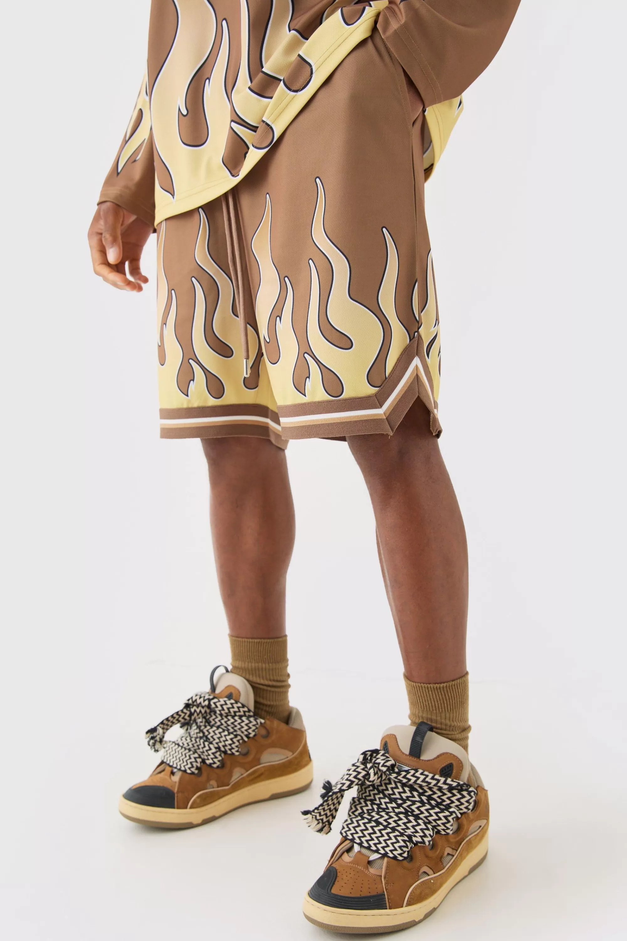 boohooMAN Flame Graphic Mesh Basketball Shorts | UK