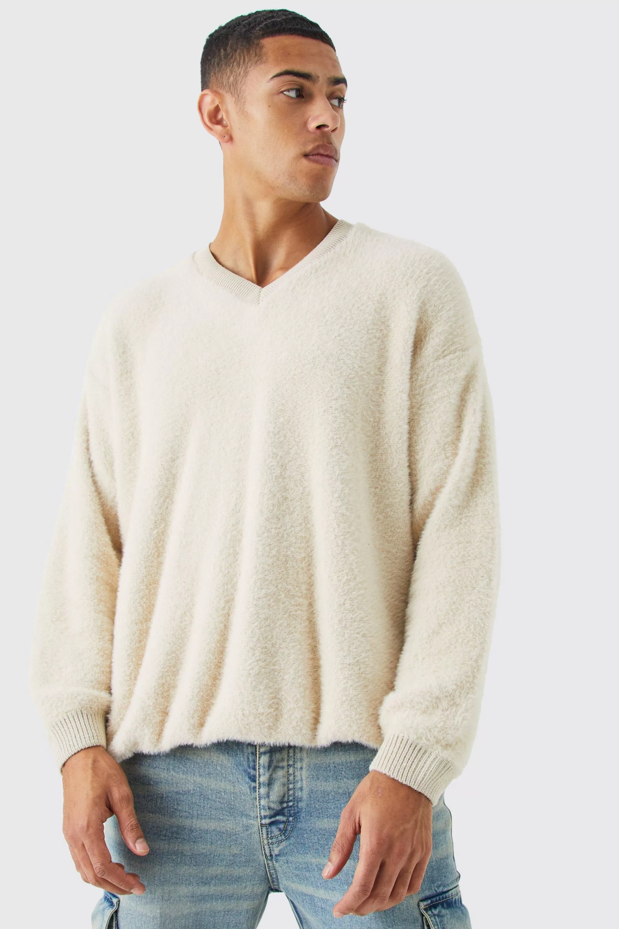 boohooMAN Fluffy Contrast V Neck Boxy Jumper | UK