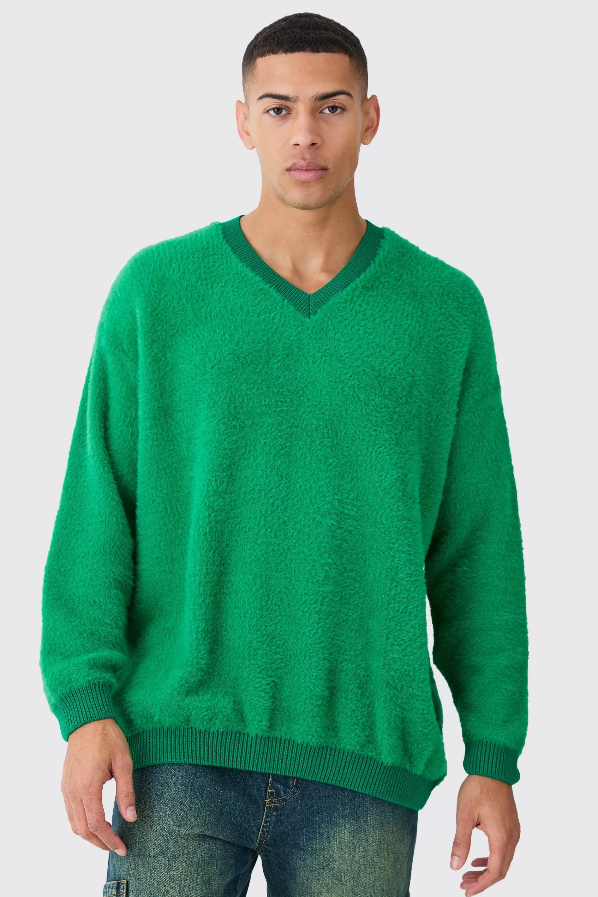 boohooMAN Fluffy Contrast V Neck Boxy Jumper | UK