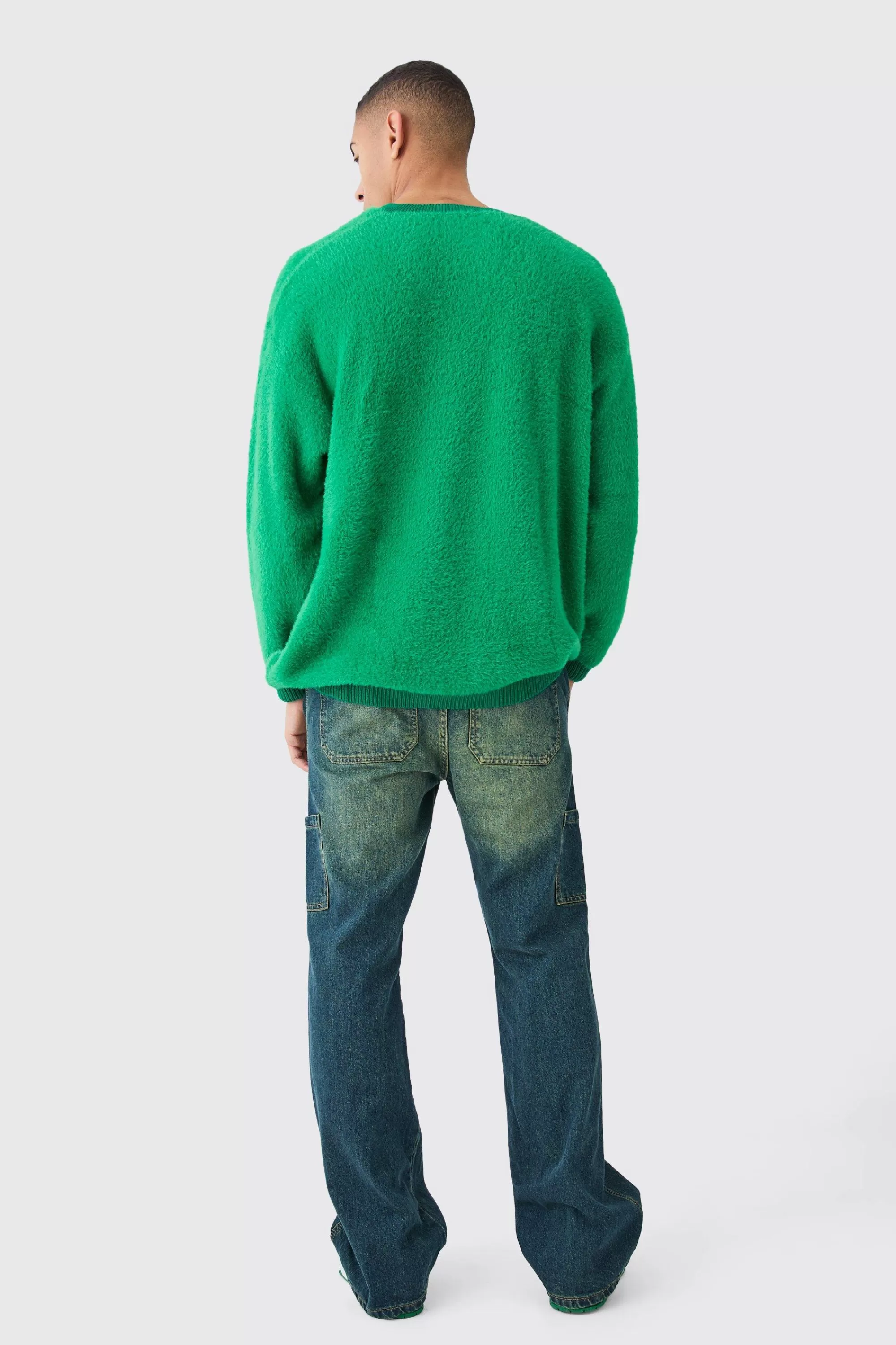 boohooMAN Fluffy Contrast V Neck Boxy Jumper | UK