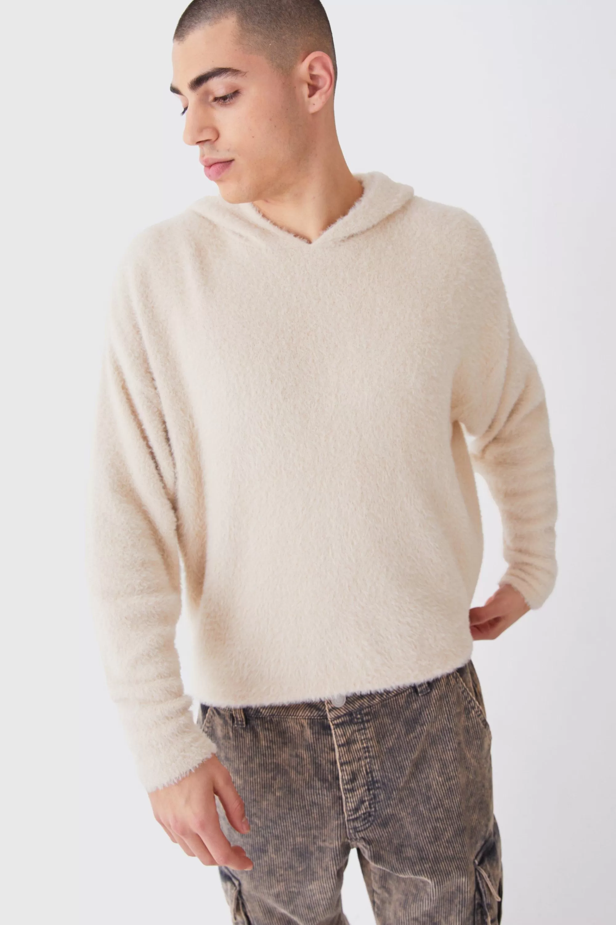 boohooMAN Fluffy Knitted Boxy Hoodie | UK