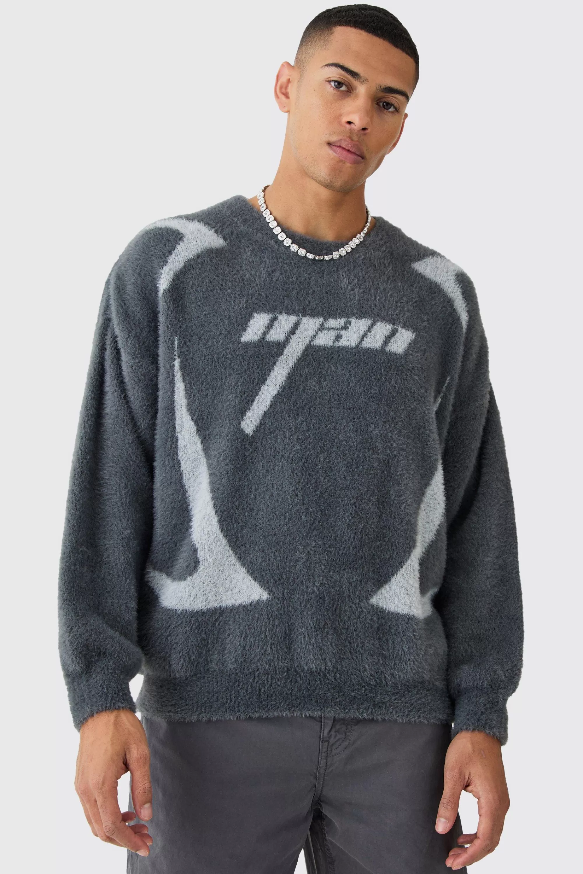 boohooMAN Fluffy Oversized Moto Knit Crew Neck Jumper | UK