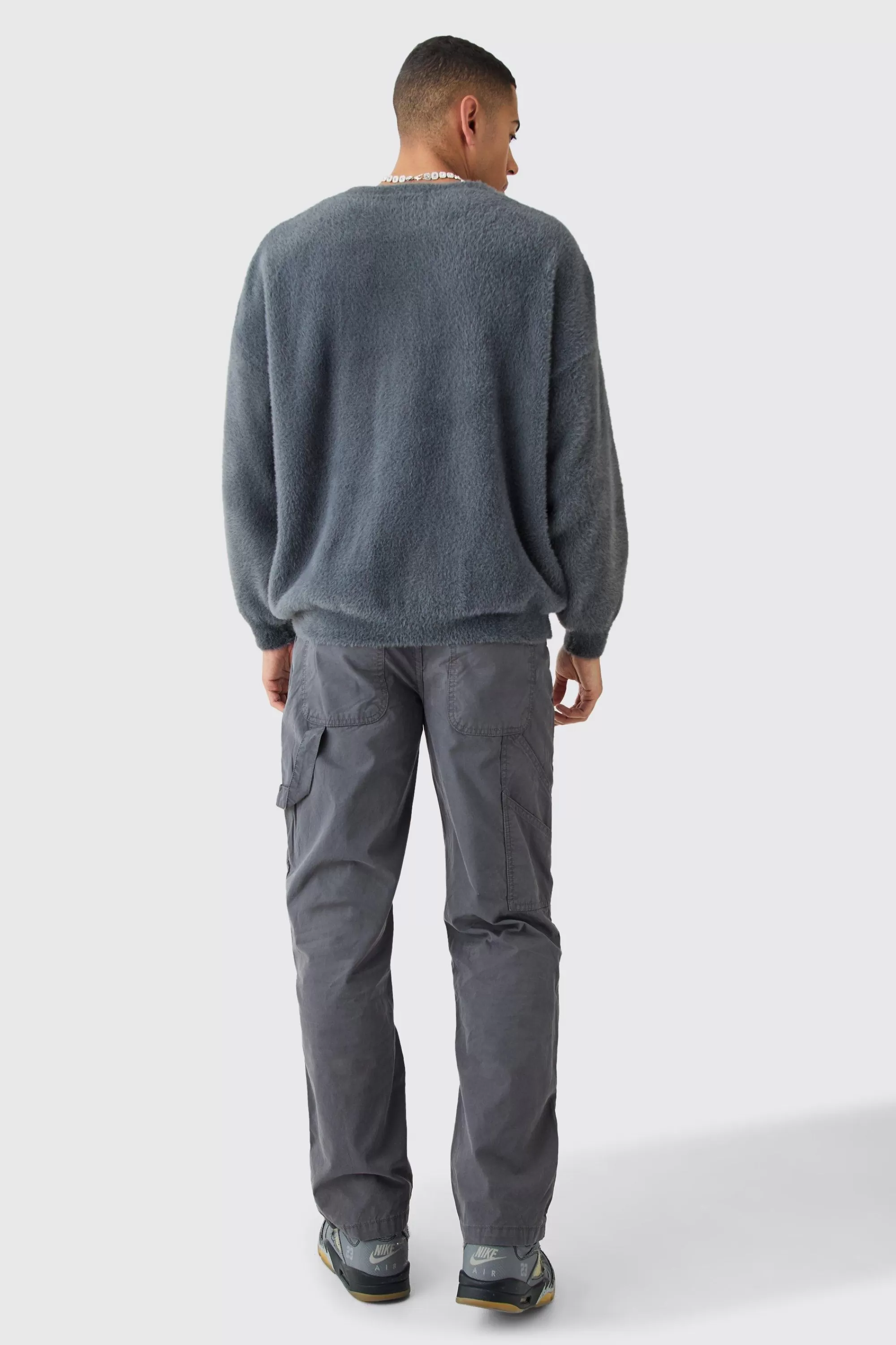 boohooMAN Fluffy Oversized Moto Knit Crew Neck Jumper | UK