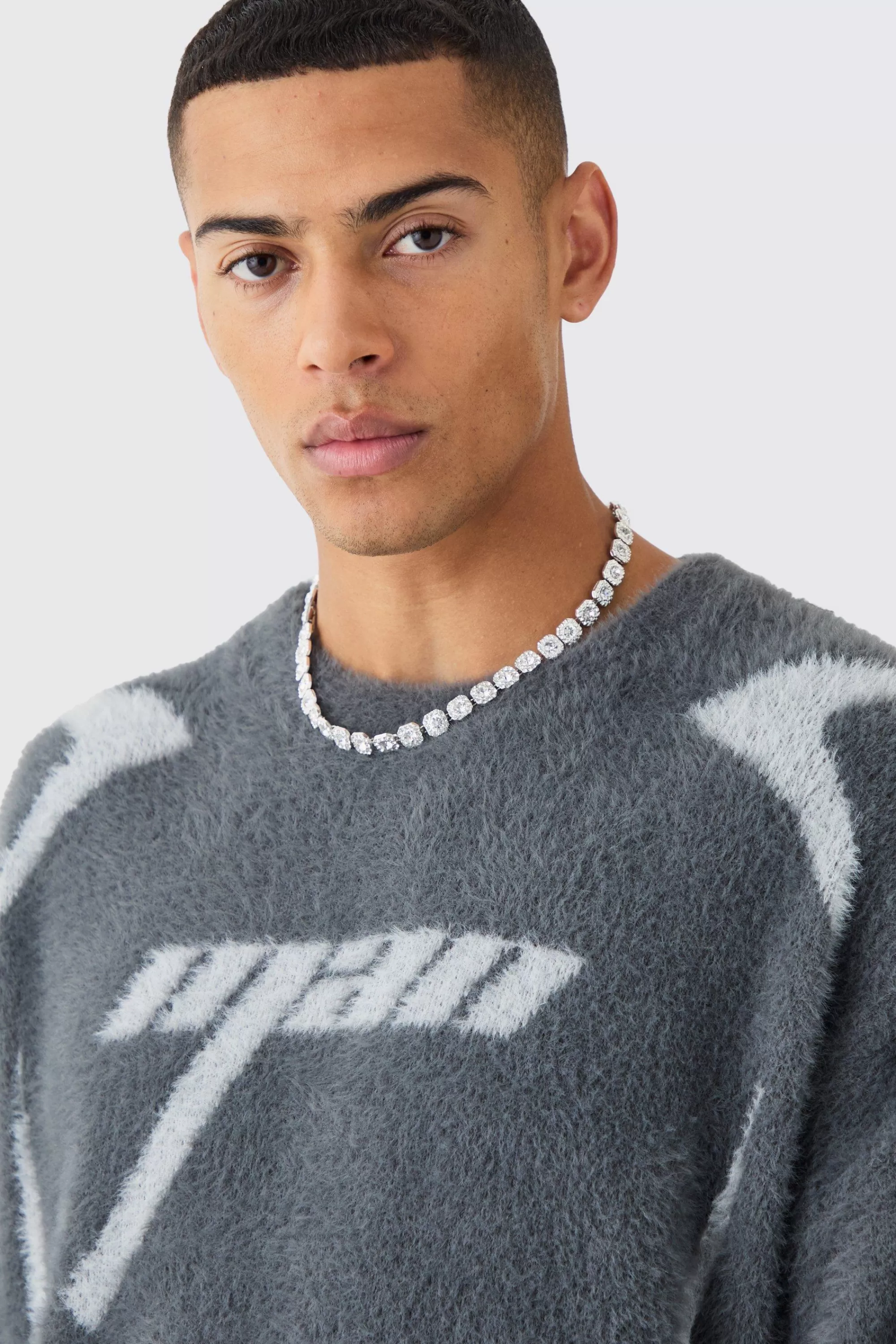 boohooMAN Fluffy Oversized Moto Knit Crew Neck Jumper | UK