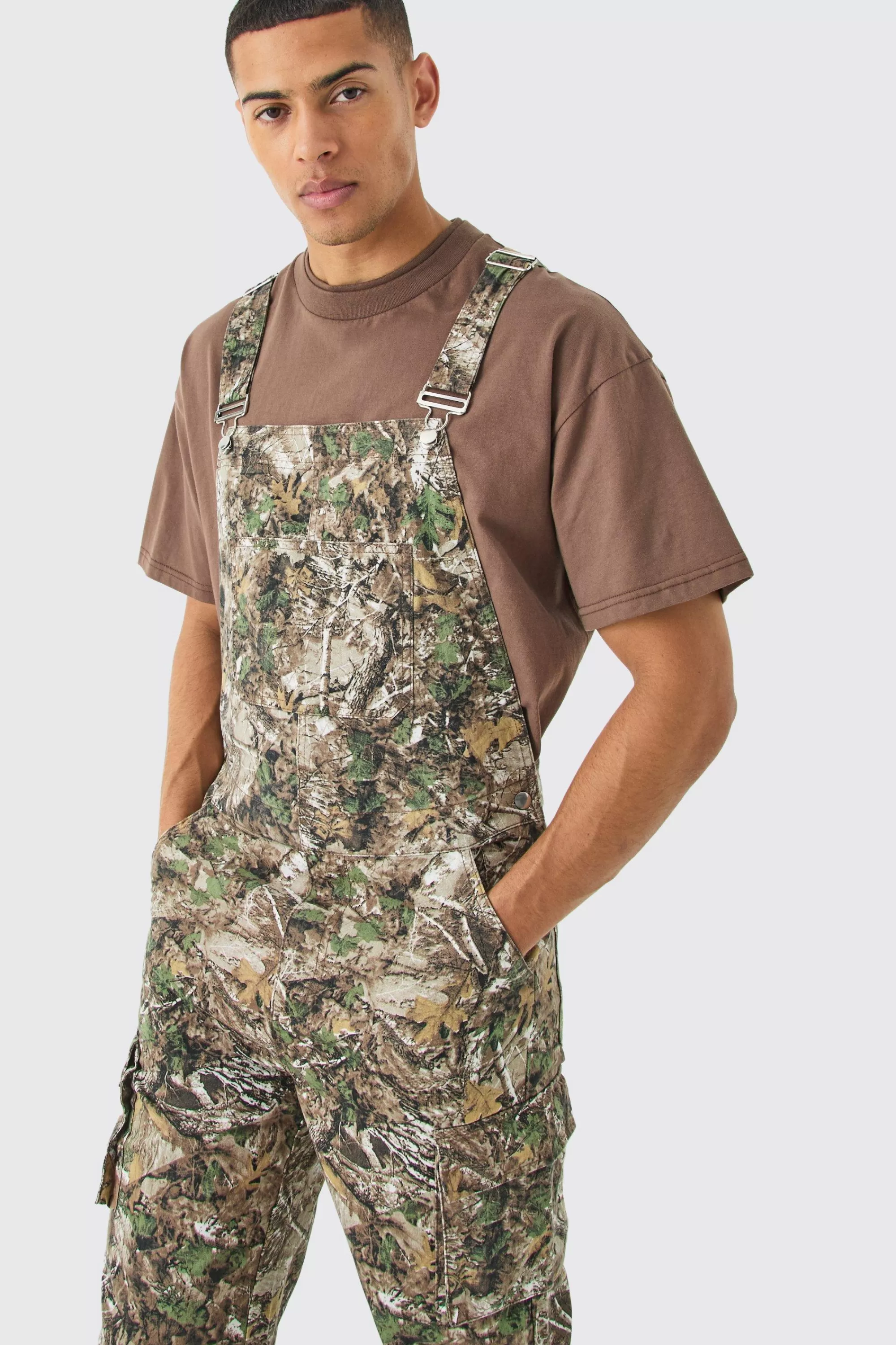 boohooMAN Forest Camo Cargo Pocket Relaxed Dungarees | UK