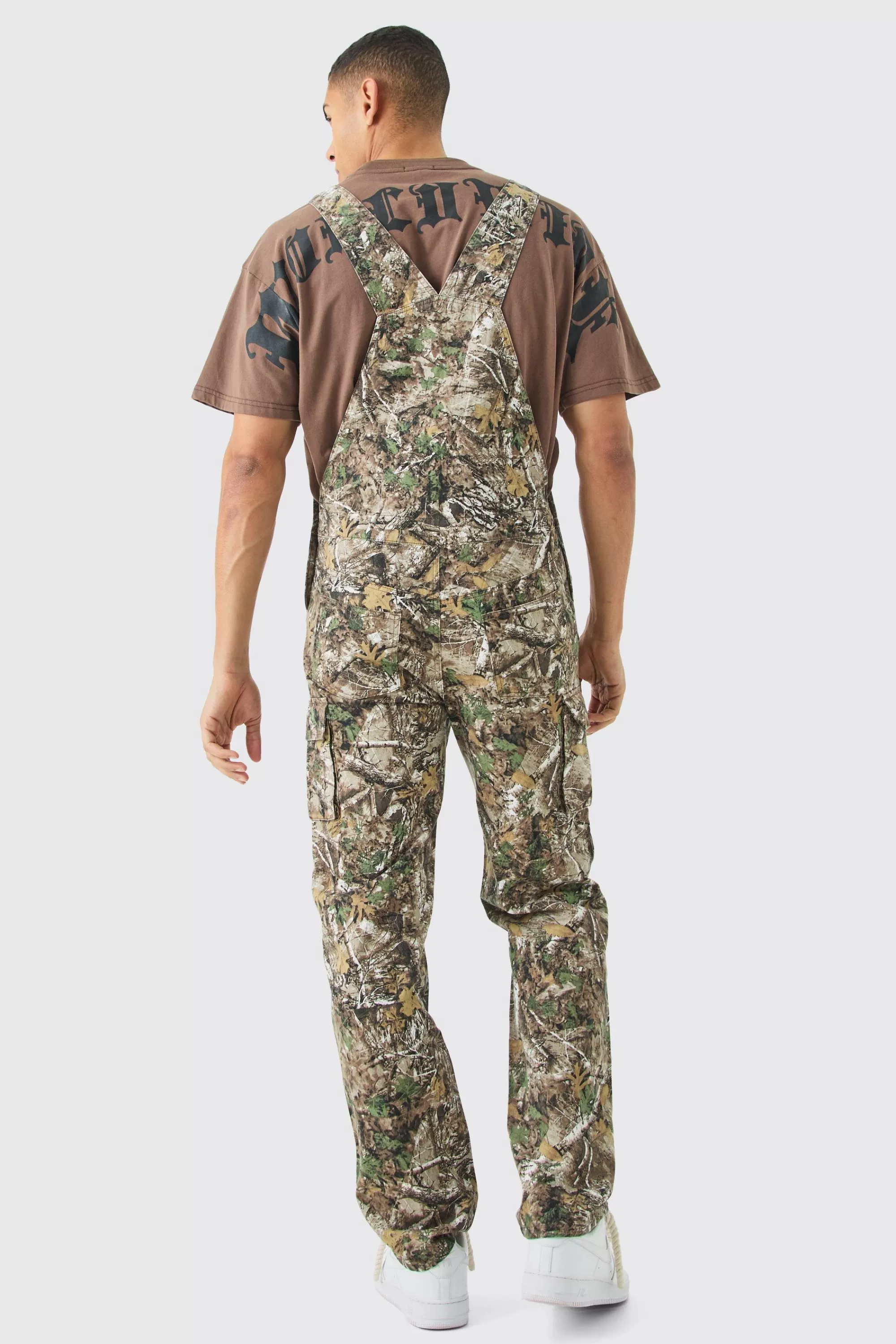 boohooMAN Forest Camo Cargo Pocket Relaxed Dungarees | UK