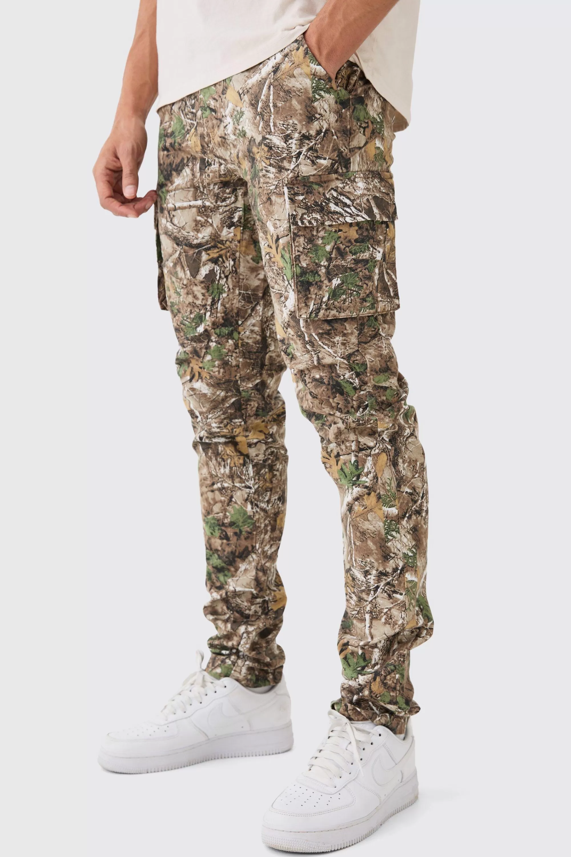 boohooMAN Forest Camo Slim Stacked Multi Cargo Trouser | UK