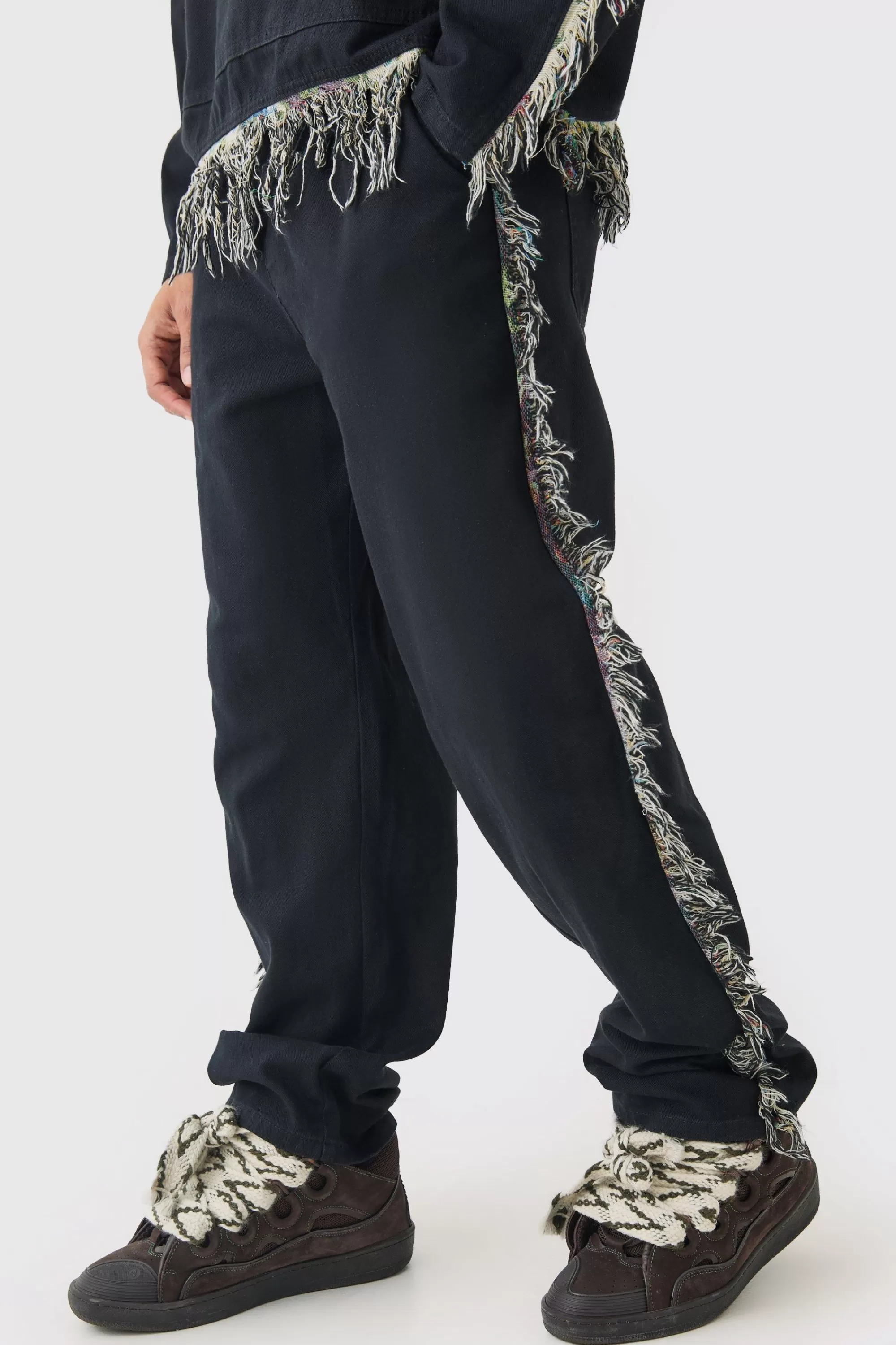 boohooMAN Frayed Baggy Fit Trousers | UK