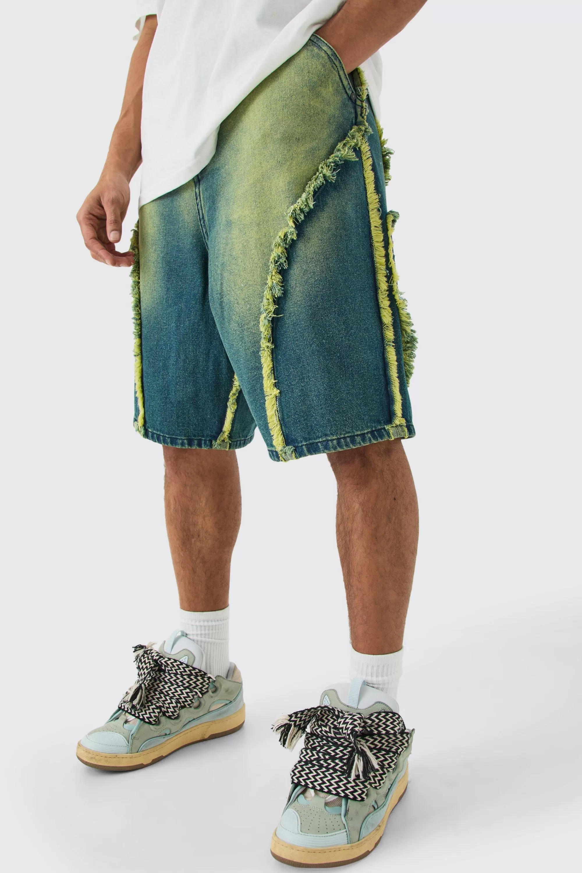 boohooMAN Frayed Edge Denim Jorts In Tinted | UK