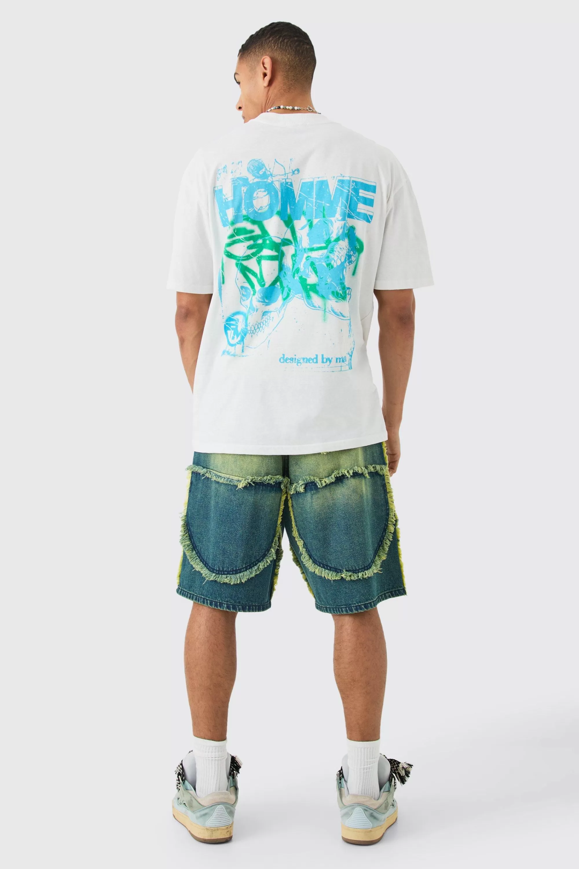 boohooMAN Frayed Edge Denim Jorts In Tinted | UK