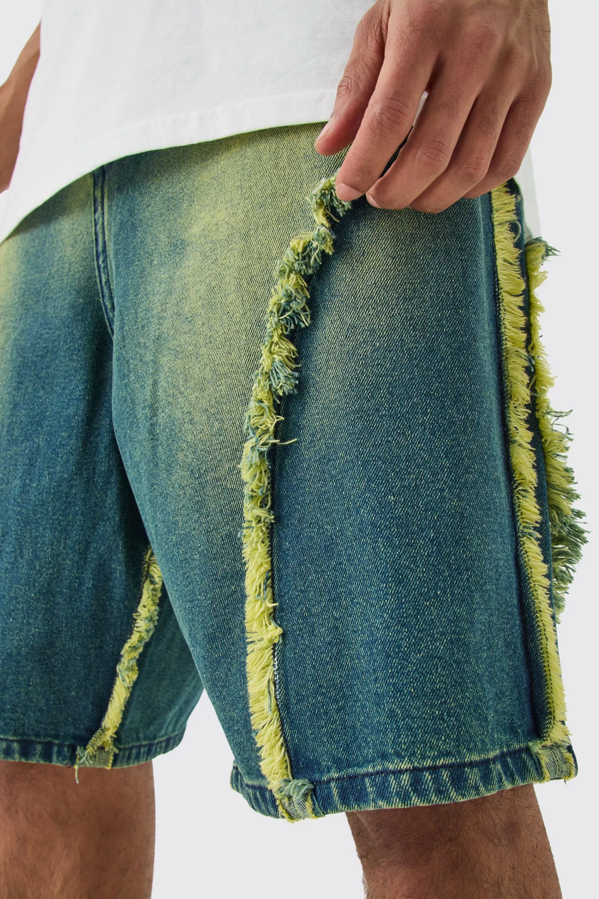 boohooMAN Frayed Edge Denim Jorts In Tinted | UK