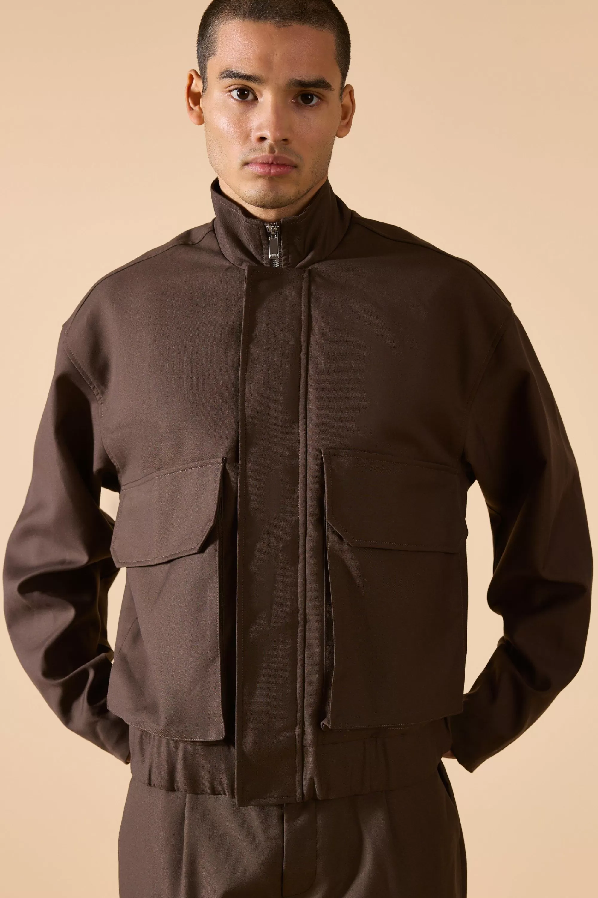 boohooMAN Funnel Neck Relaxed Fit Utility Smart Jacket | UK