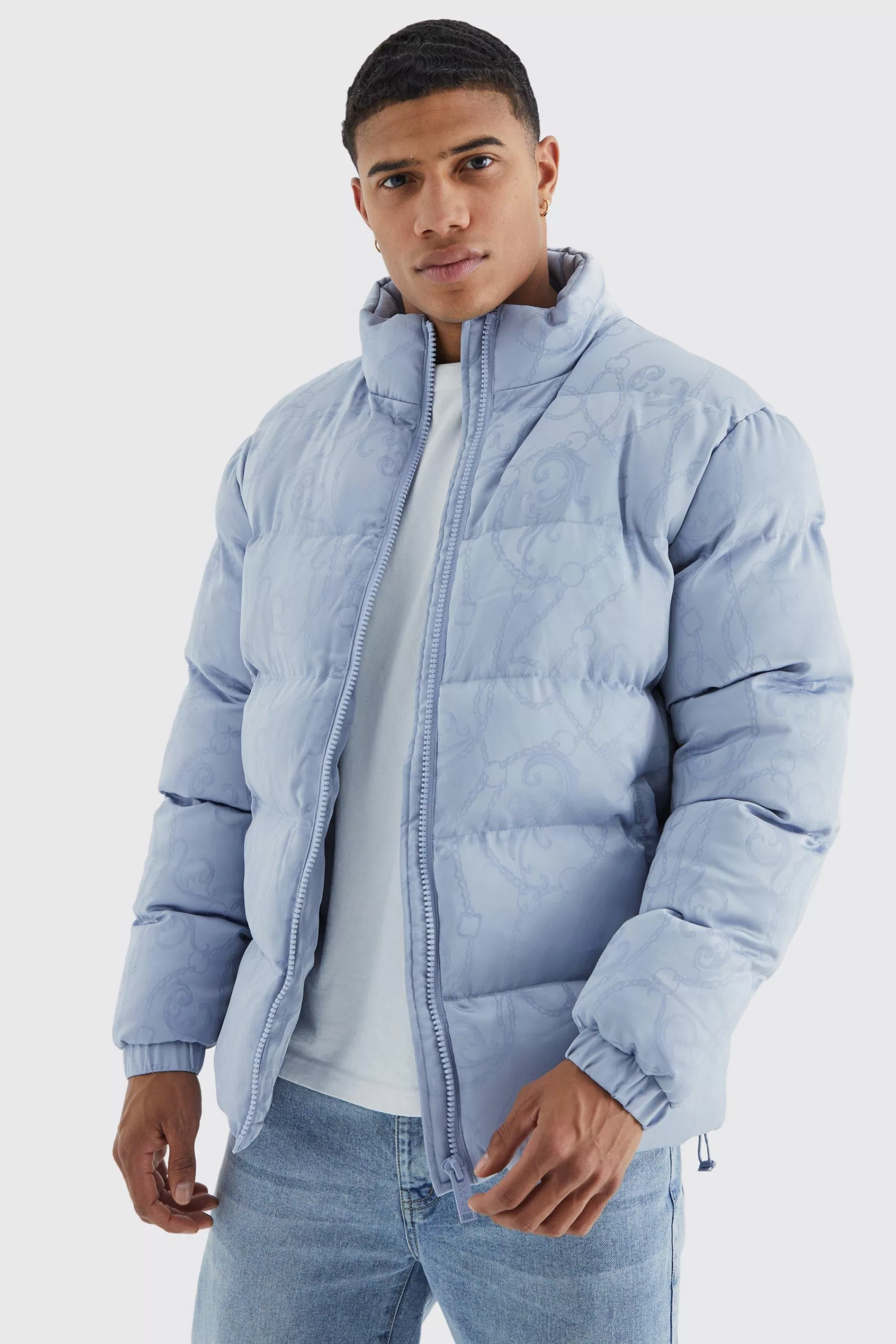 boohooMAN Funnel Neck Satin Chain Print Puffer | UK