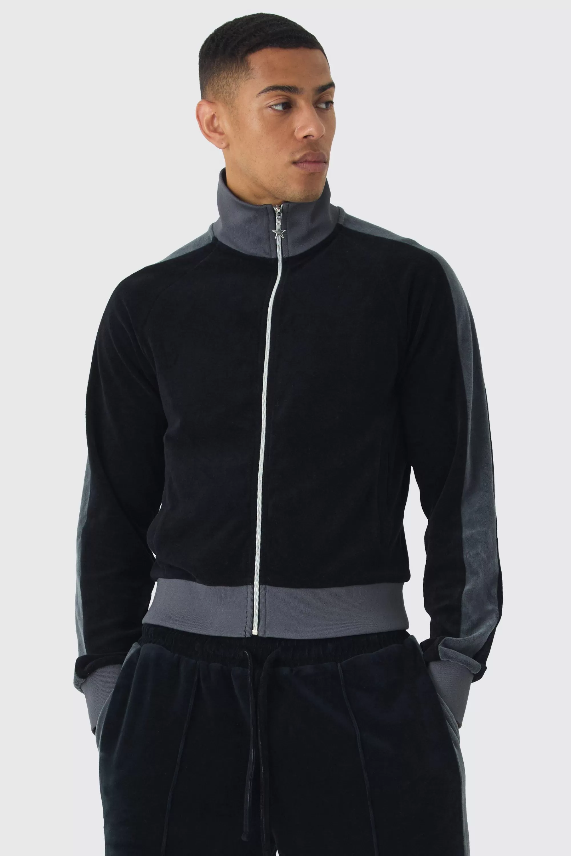 boohooMAN Funnel Neck Velour Track Top | UK