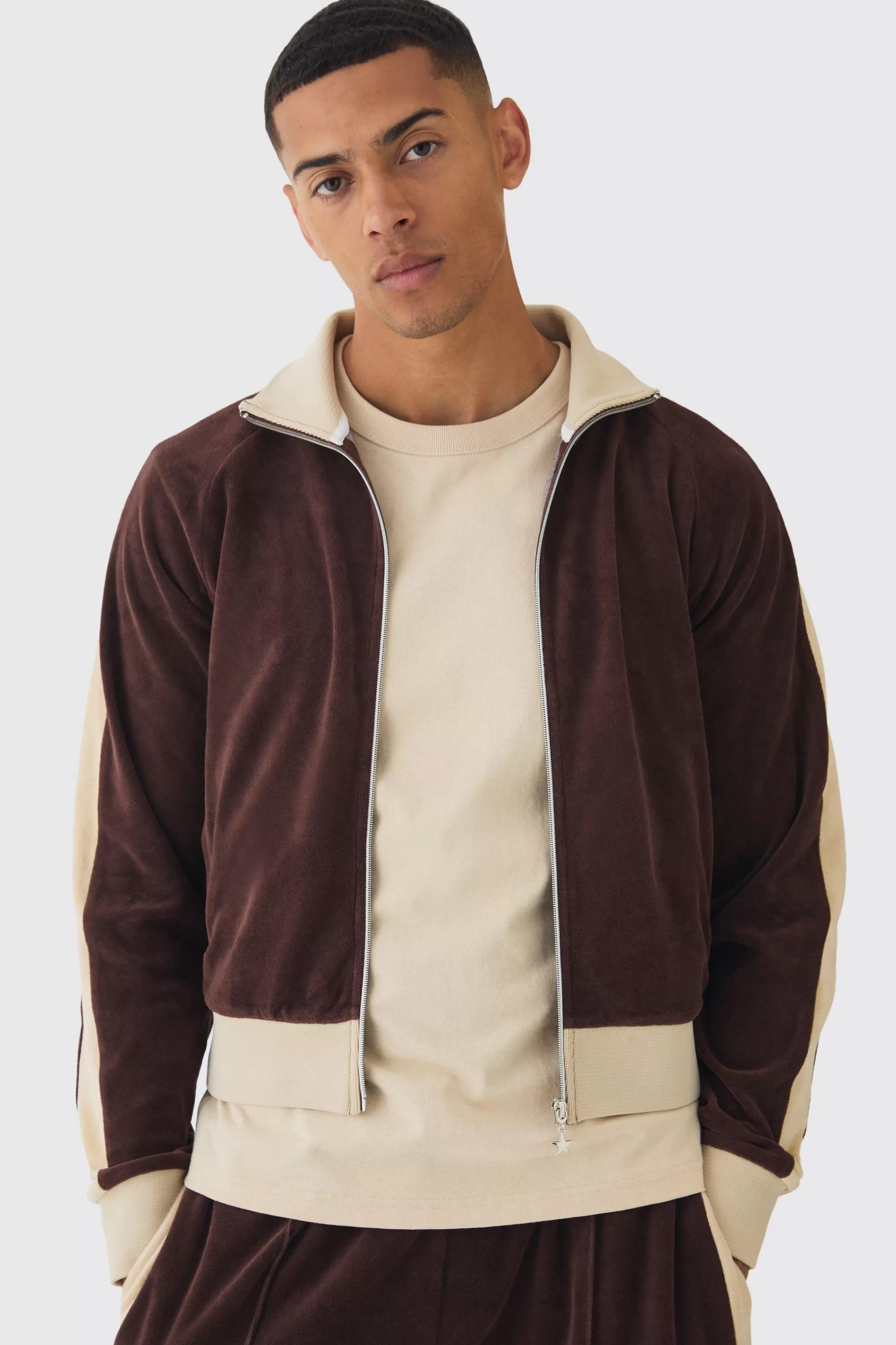 boohooMAN Funnel Neck Velour Track Top | UK