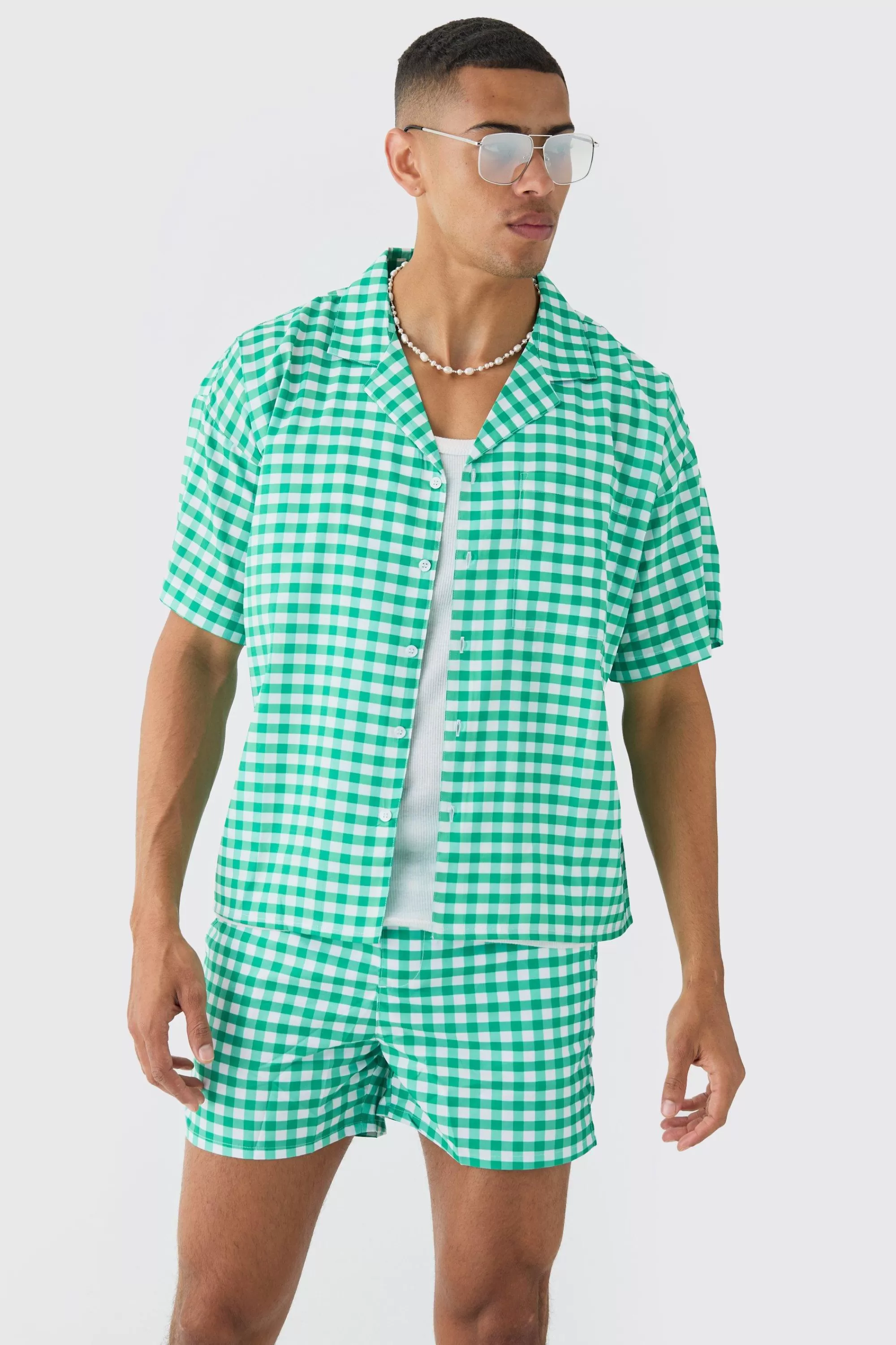 boohooMAN Gingham Shirt & Swim Short Set | UK